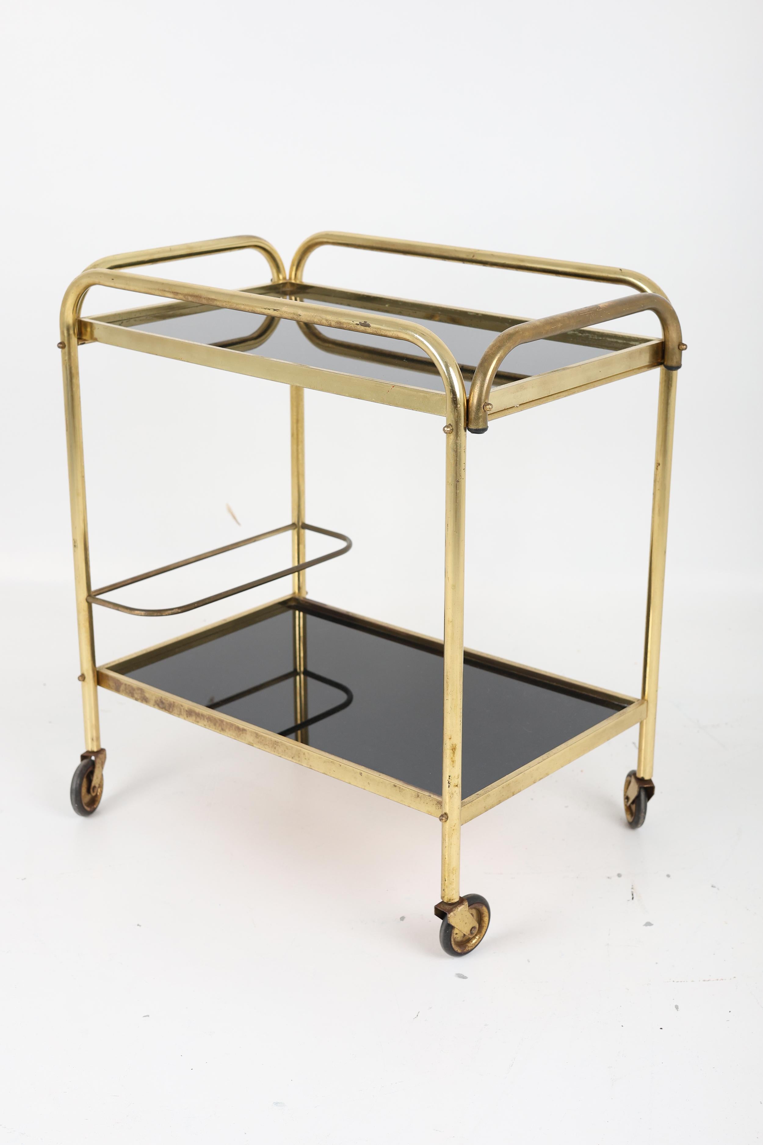 Stylish Vintage Brass and Black Glass Drinks Trolley For Sale 5