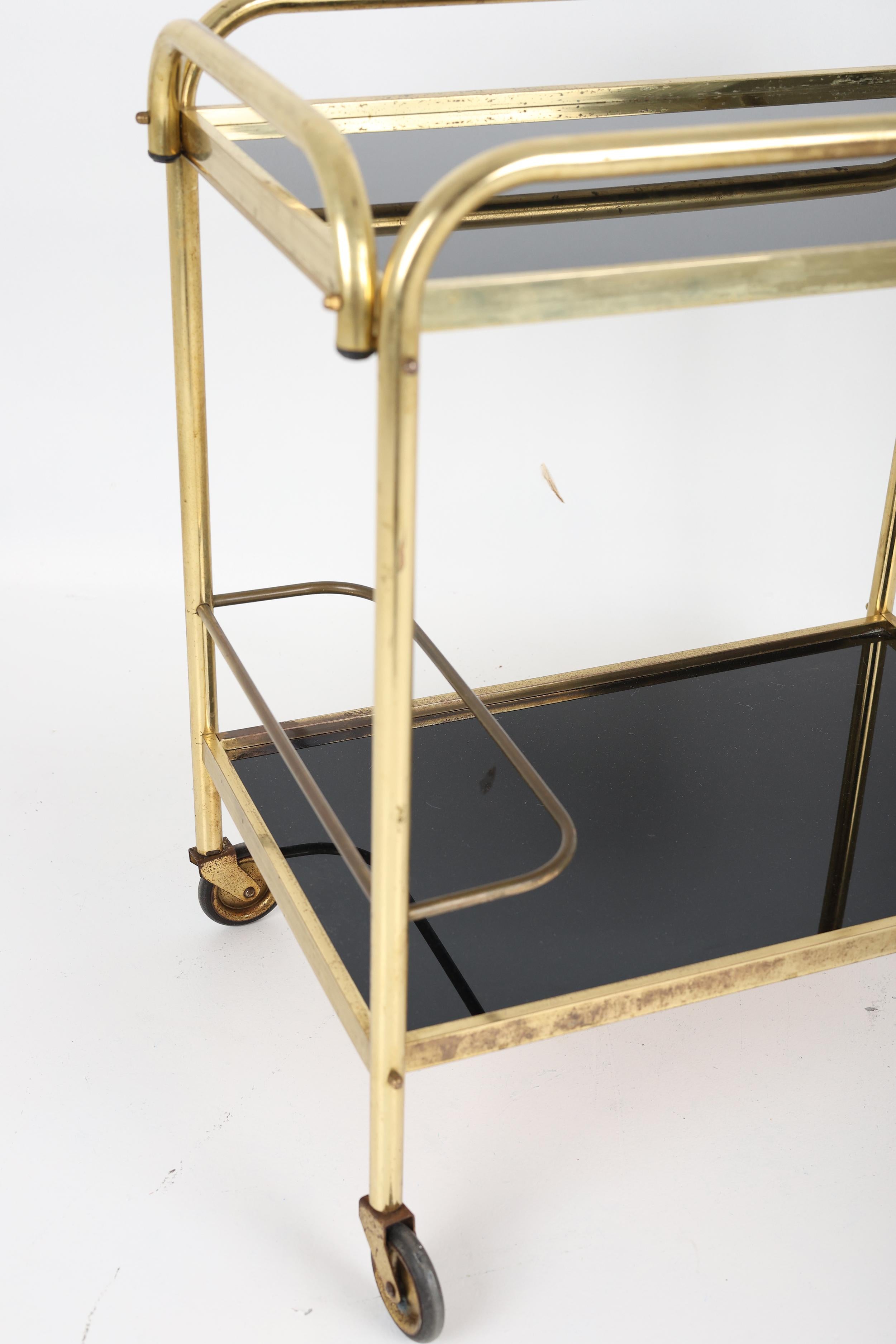 Stylish Vintage Brass and Black Glass Drinks Trolley For Sale 6