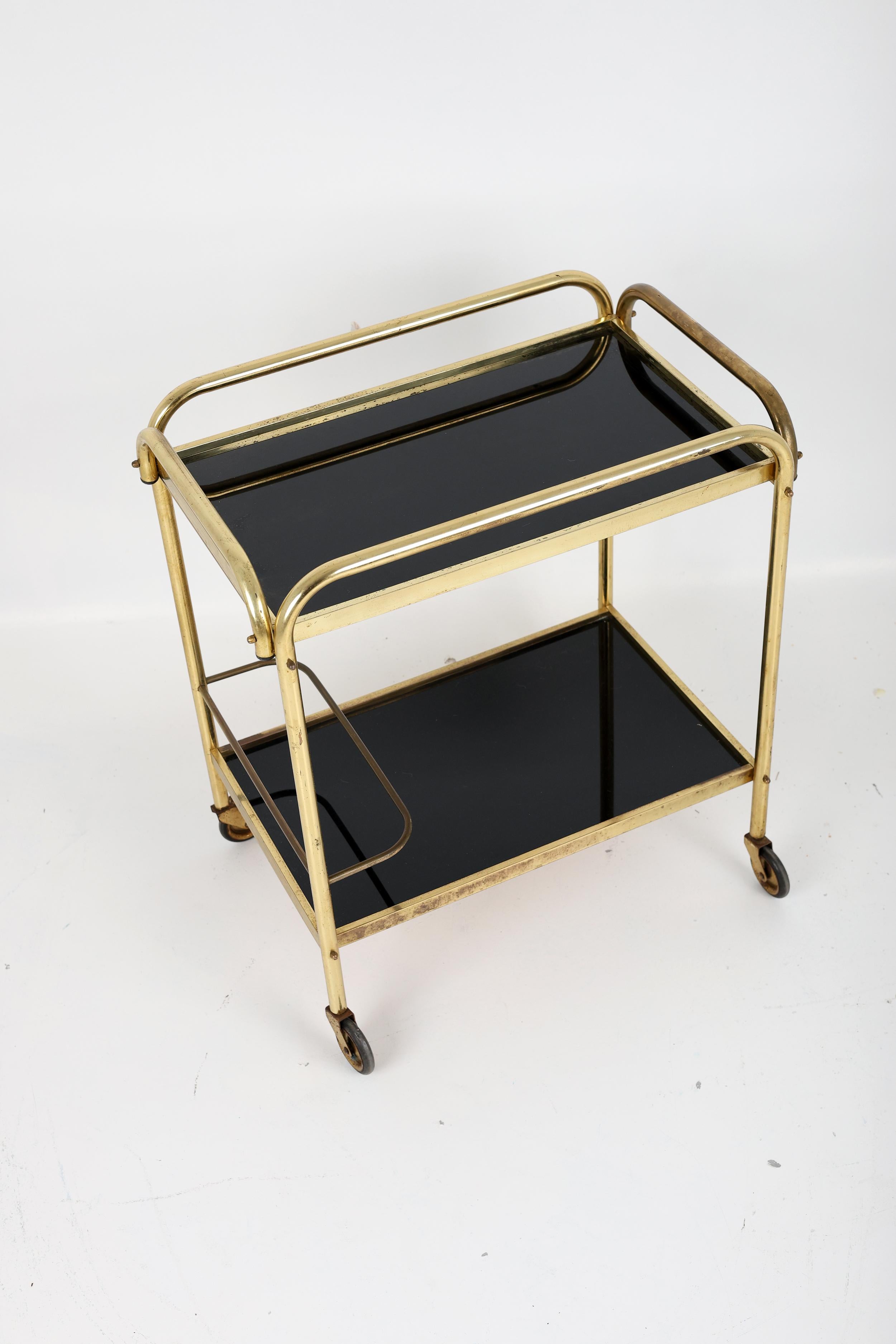 Stylish Vintage Brass and Black Glass Drinks Trolley For Sale 8
