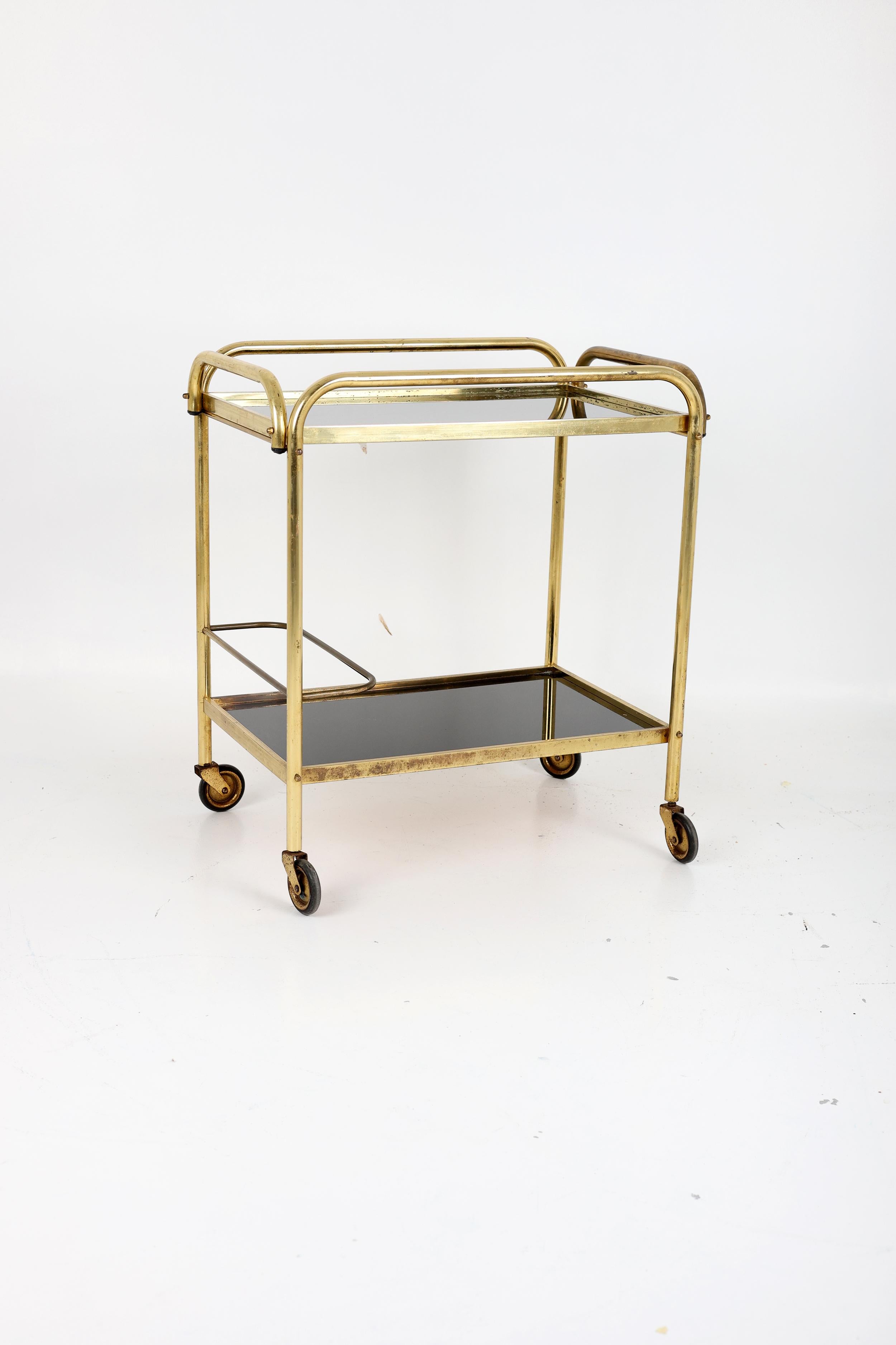 Stylish Vintage Brass and Black Glass Drinks Trolley For Sale 9