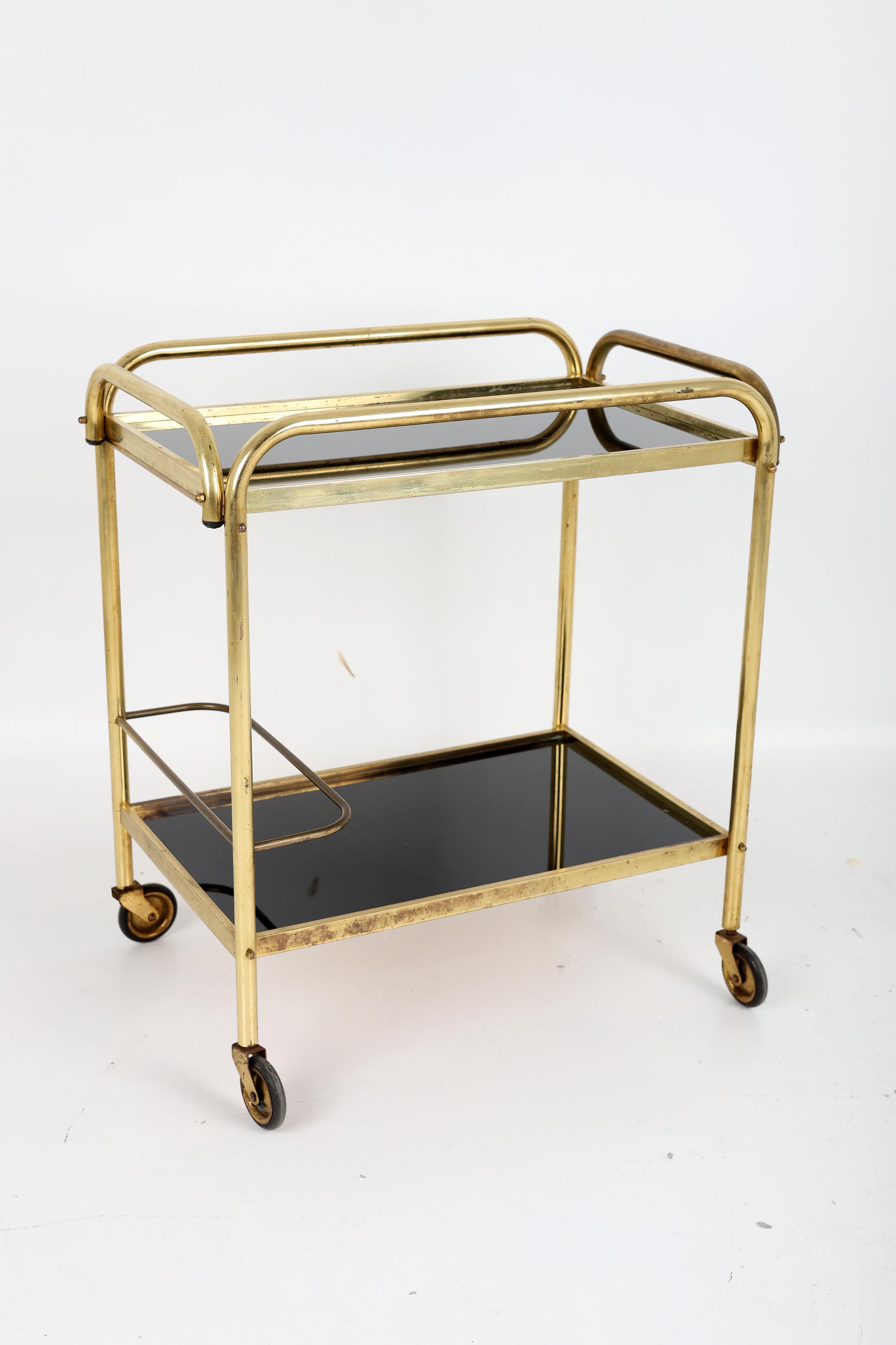 Stylish Vintage Brass and Black Glass Drinks Trolley For Sale 10