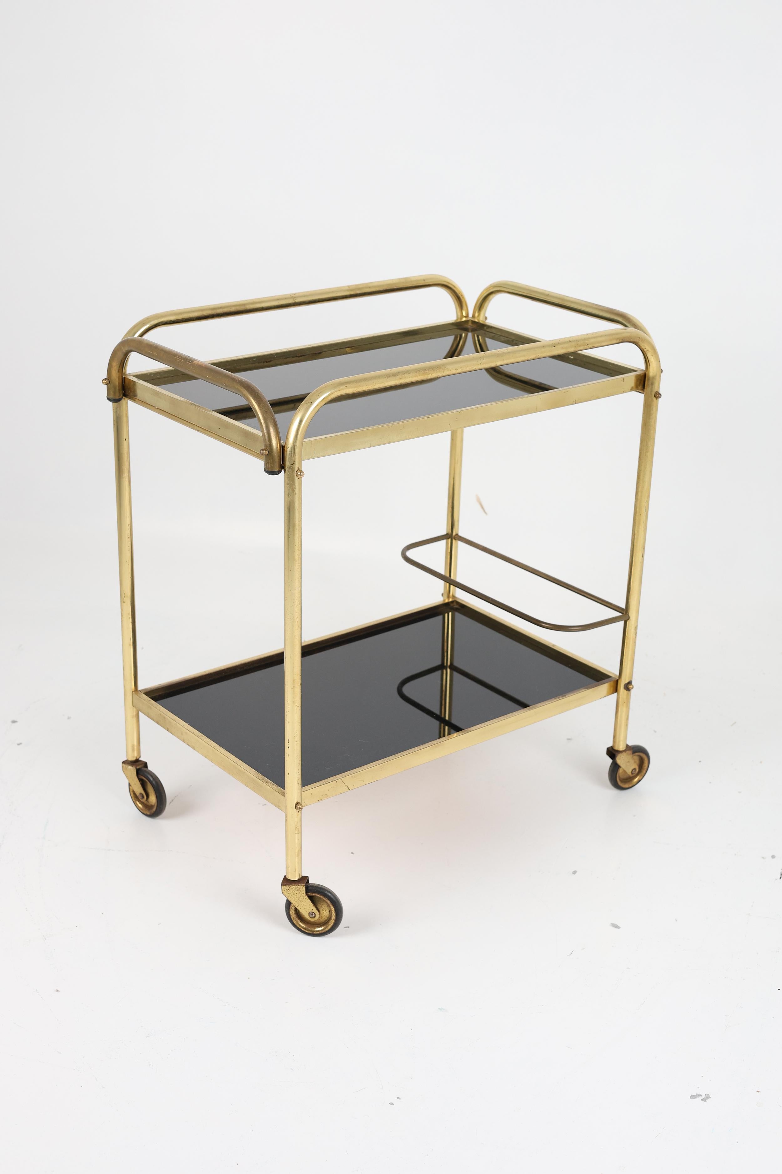 French Stylish Vintage Brass and Black Glass Drinks Trolley For Sale