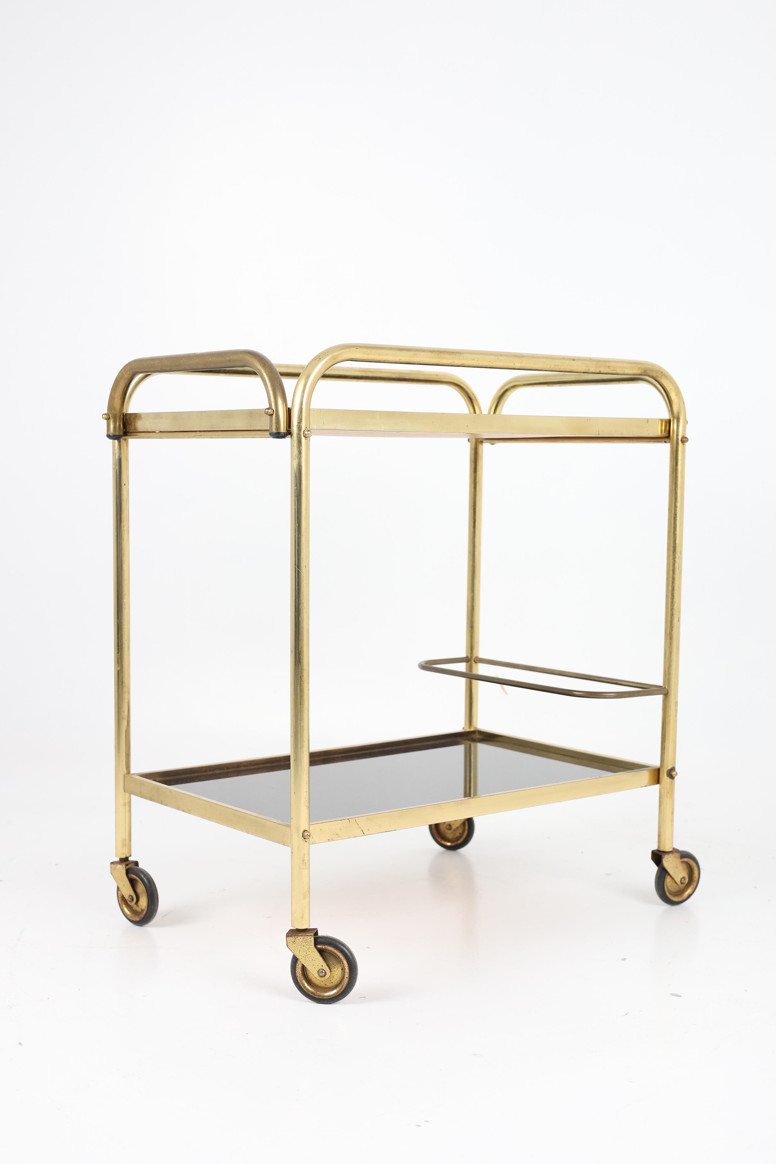 Polished Stylish Vintage Brass and Black Glass Drinks Trolley For Sale