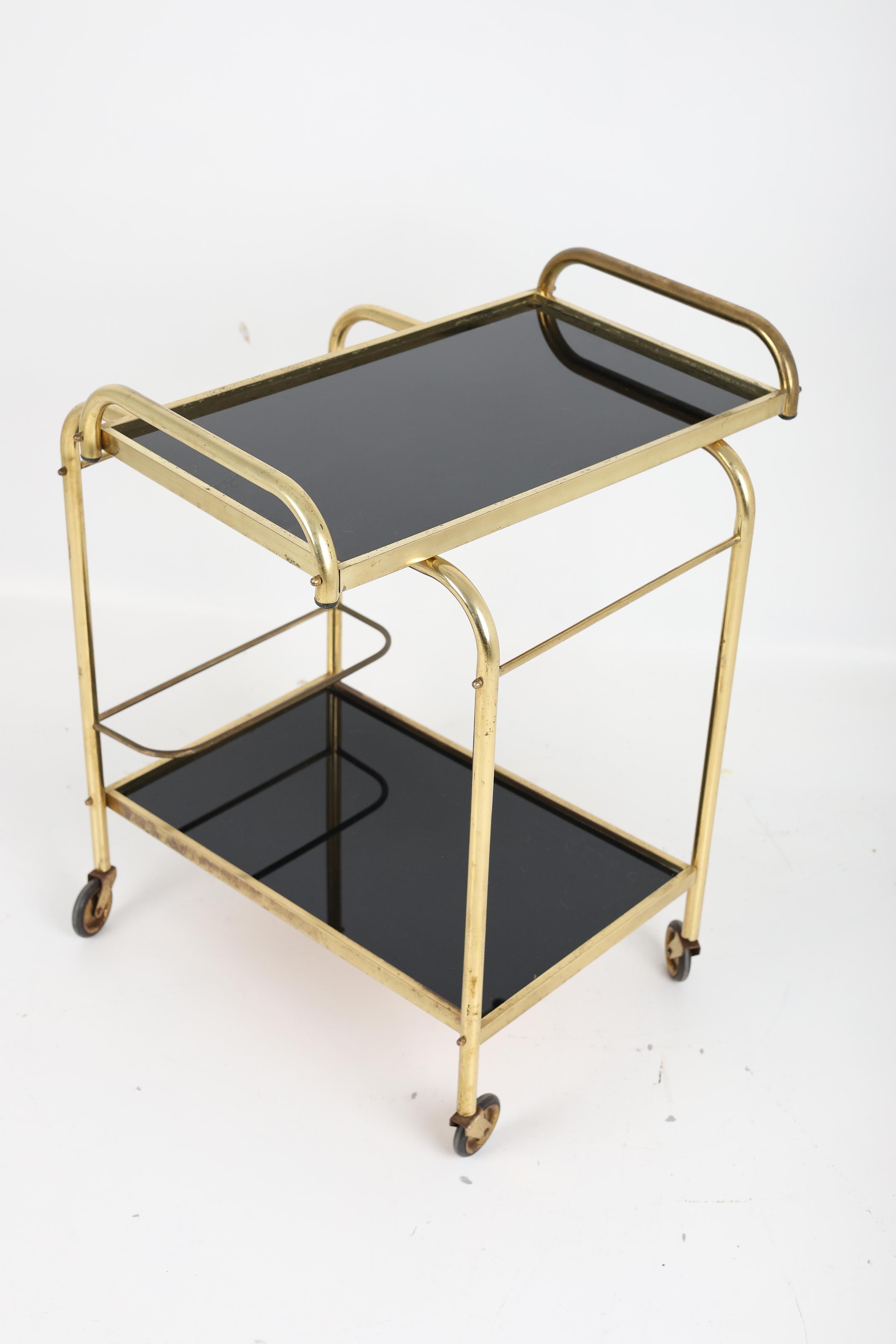 Stylish Vintage Brass and Black Glass Drinks Trolley For Sale 1