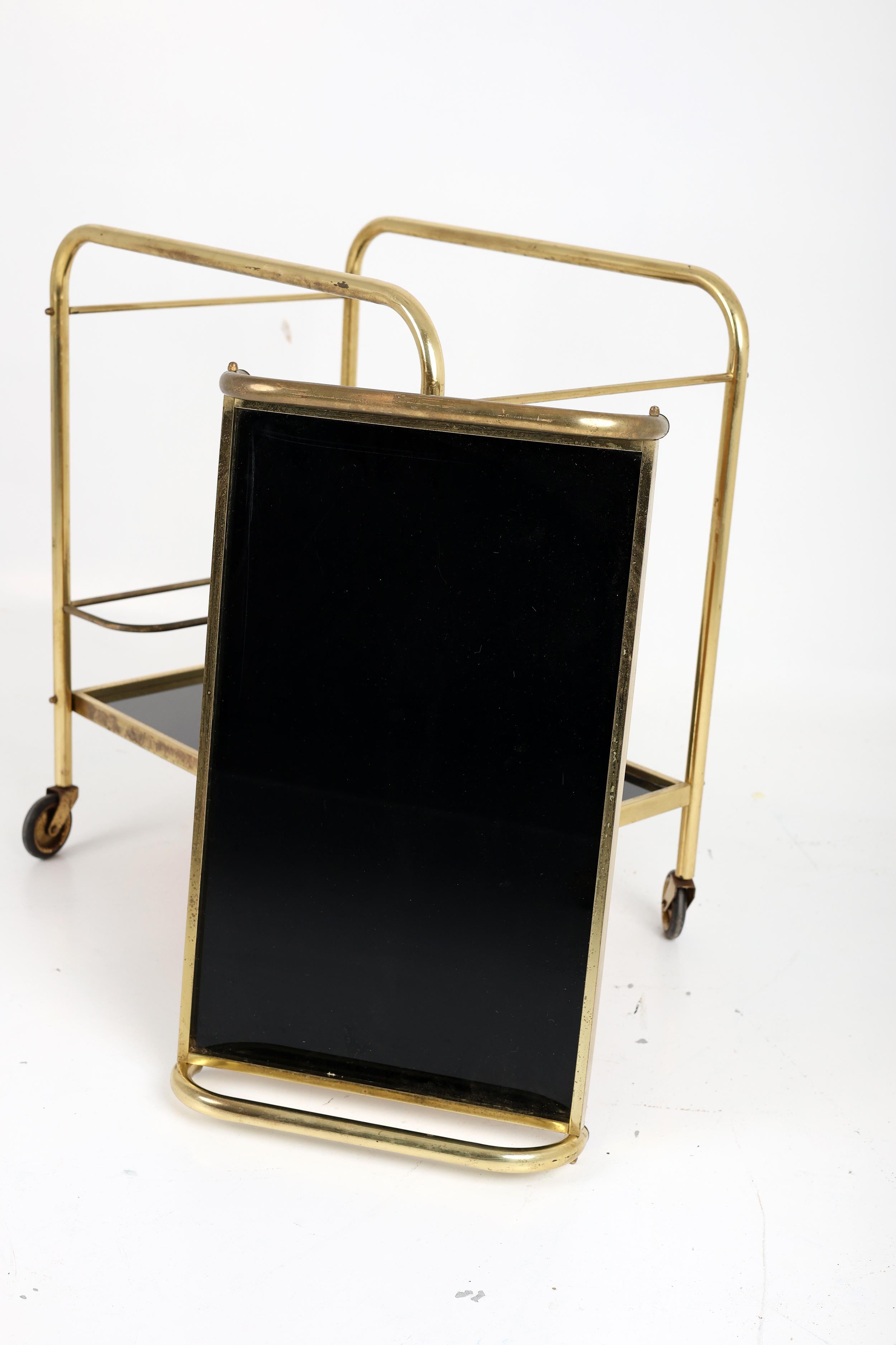 Stylish Vintage Brass and Black Glass Drinks Trolley For Sale 2