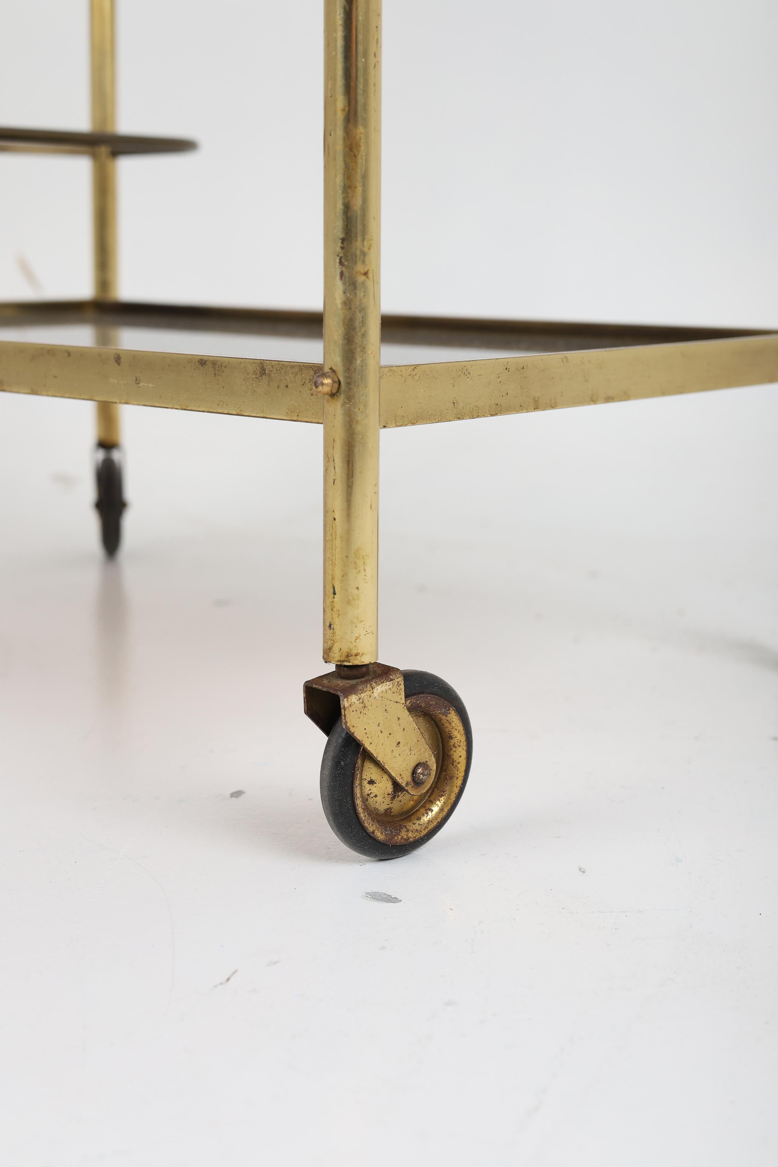 Stylish Vintage Brass and Black Glass Drinks Trolley For Sale 3