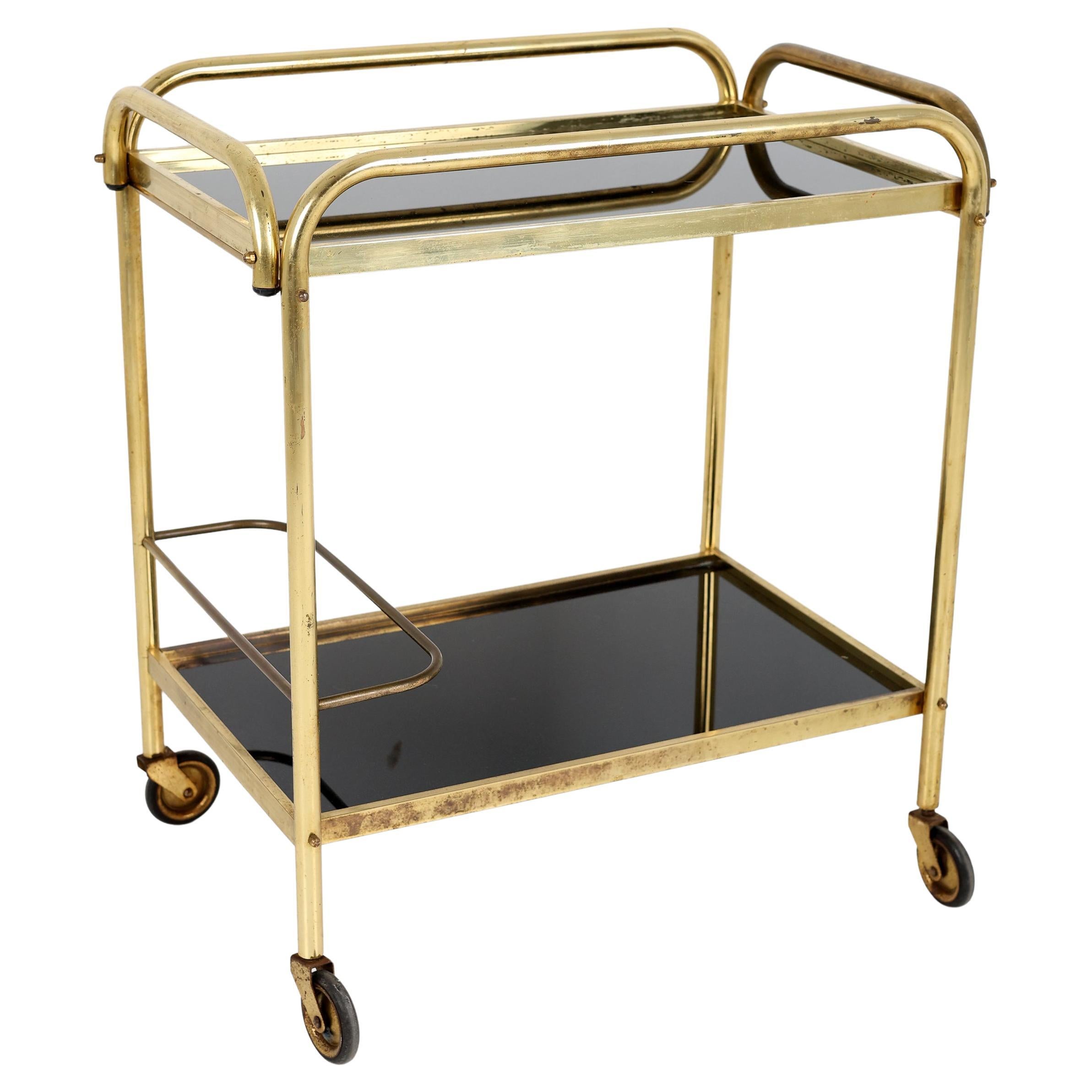 Stylish Vintage Brass and Black Glass Drinks Trolley For Sale