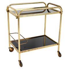 Stylish Vintage Brass and Black Glass Drinks Trolley