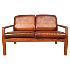 Stylish Vintage Drylund Danish 70 Two Seater Leather Sofa Solid Teak Frame #550