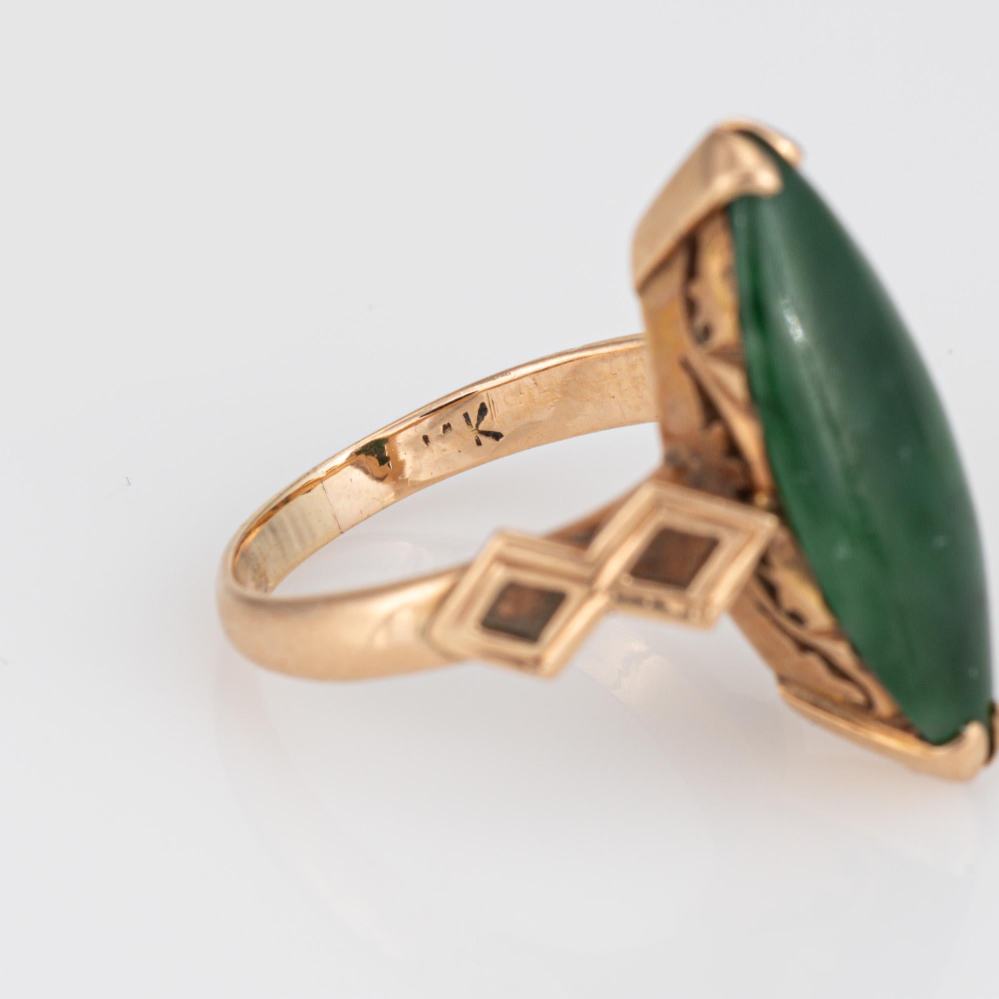 Stylish Vintage Jade Navette Style Cocktail Ring 'circa 1960s' Crafted in 14 Kar For Sale 1