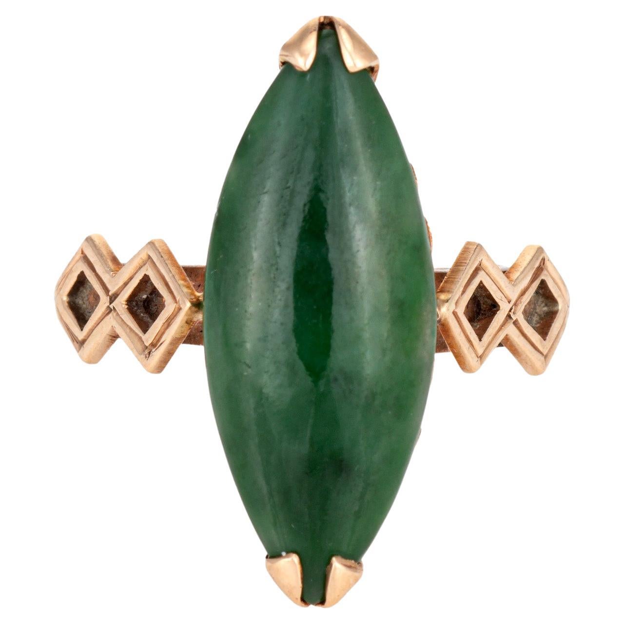 Stylish Vintage Jade Navette Style Cocktail Ring 'circa 1960s' Crafted in 14 Kar For Sale