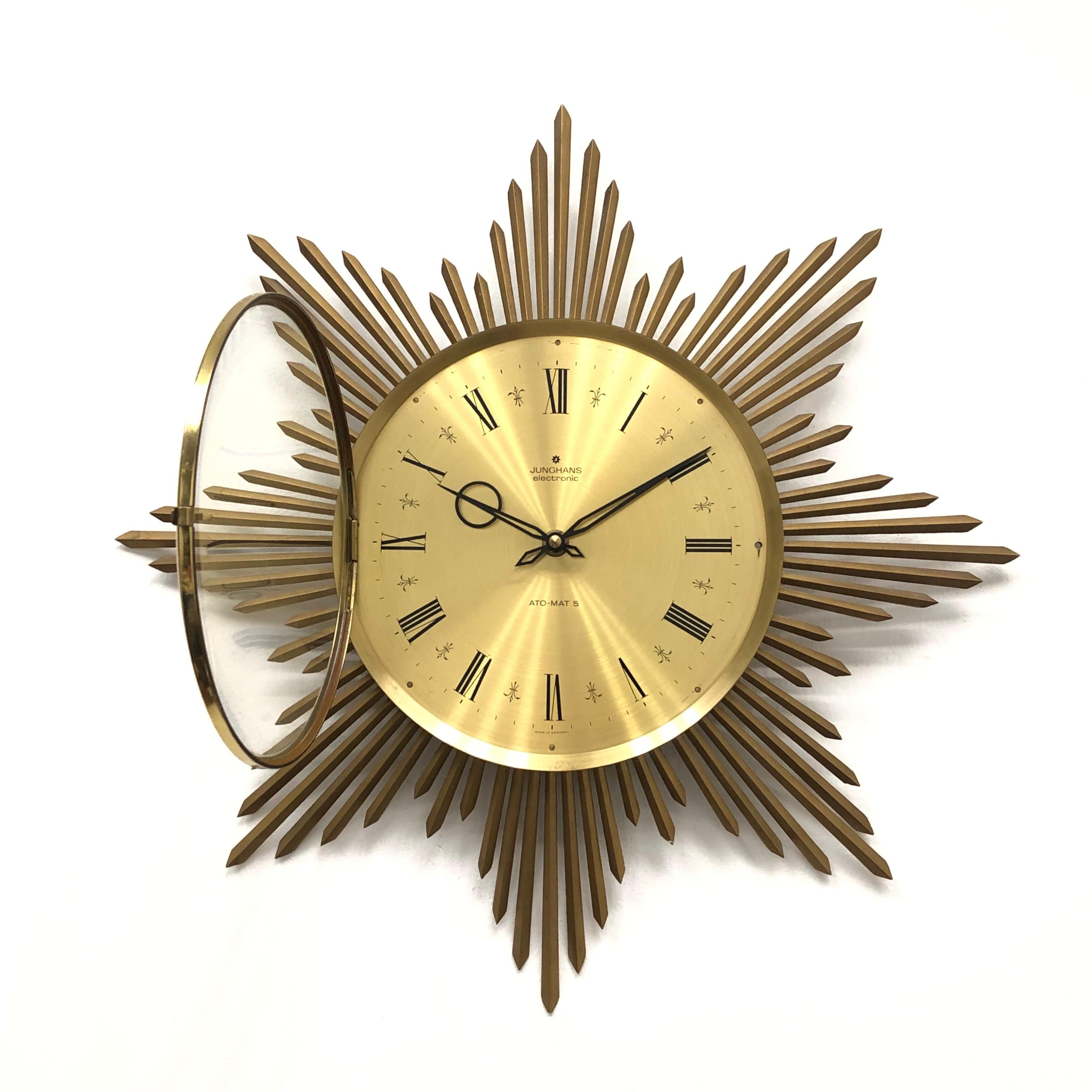 Mid-Century Modern Stylish Vintage Midcentury Junghans Sunburst Starburst Brass Wall Clock Ato-Mat
