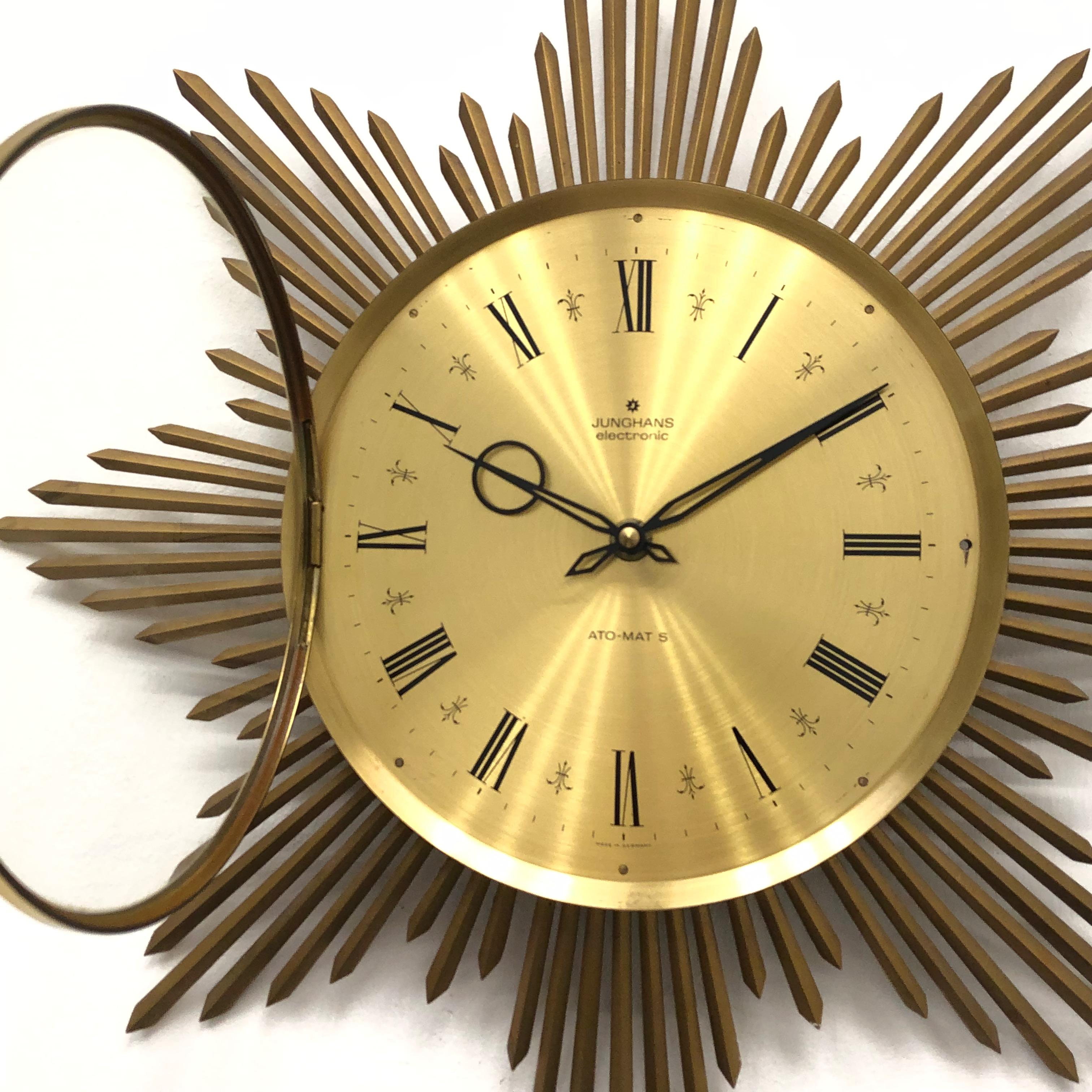 Allemand Stylish Vintage Midcentury Junghans Sunburst Starburst Brass Wall Clock Ato-Mat