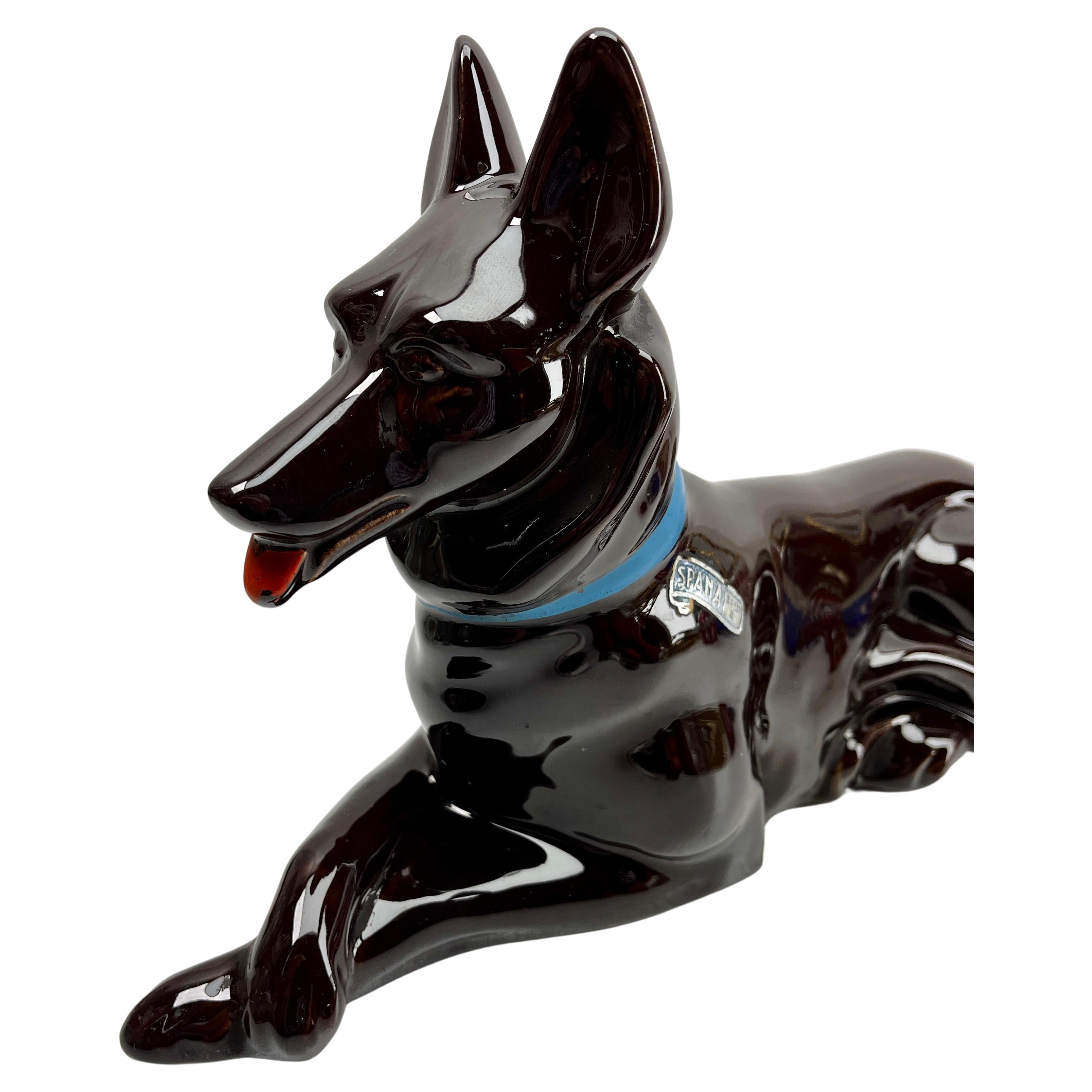 Mid-Century Modern Stylish Vintage Porcelain Statue of shepherd dog with label Spana For Sale