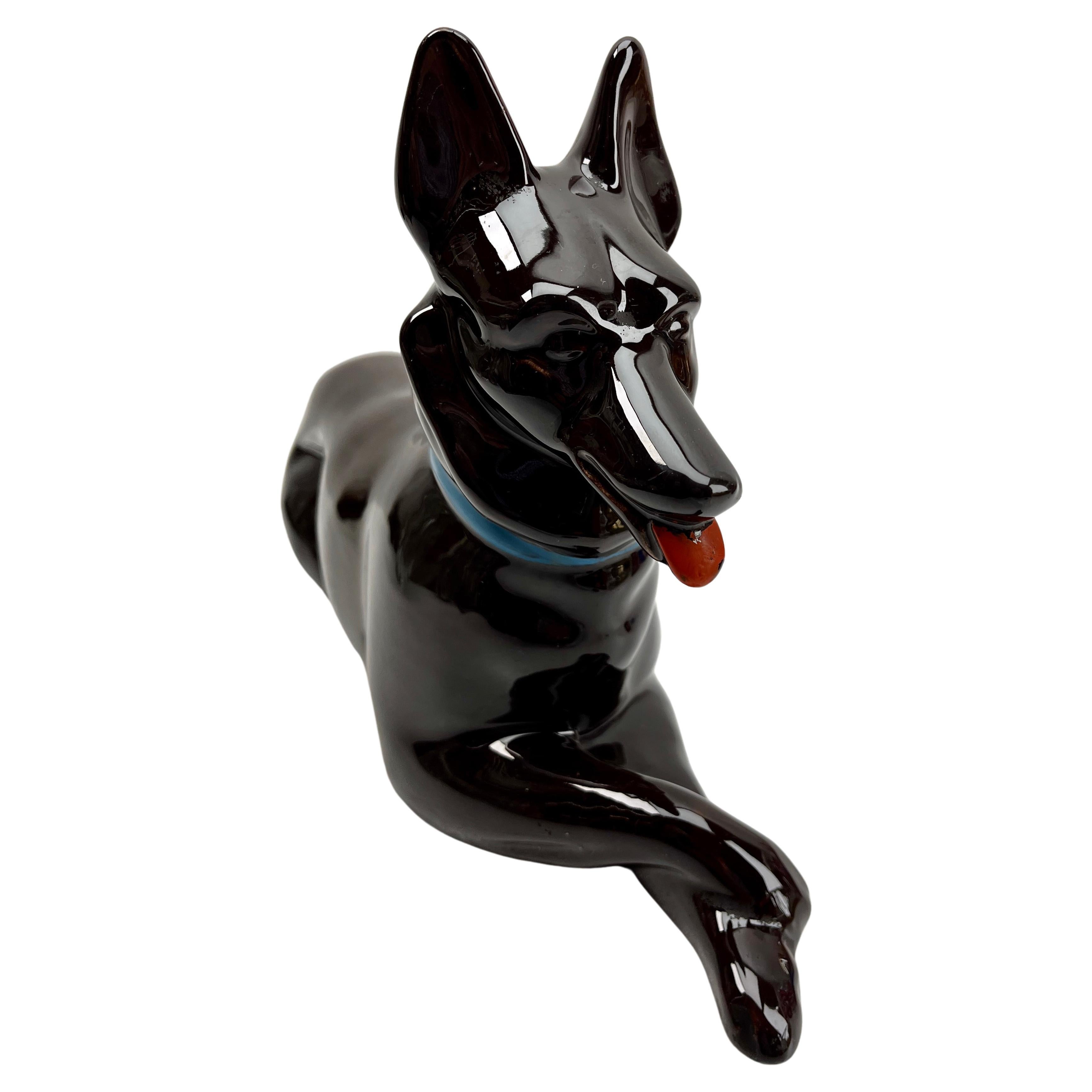 Stilvolle Vintage Porzellan Statue von Schäferhund mit Label Spana im Angebot 1