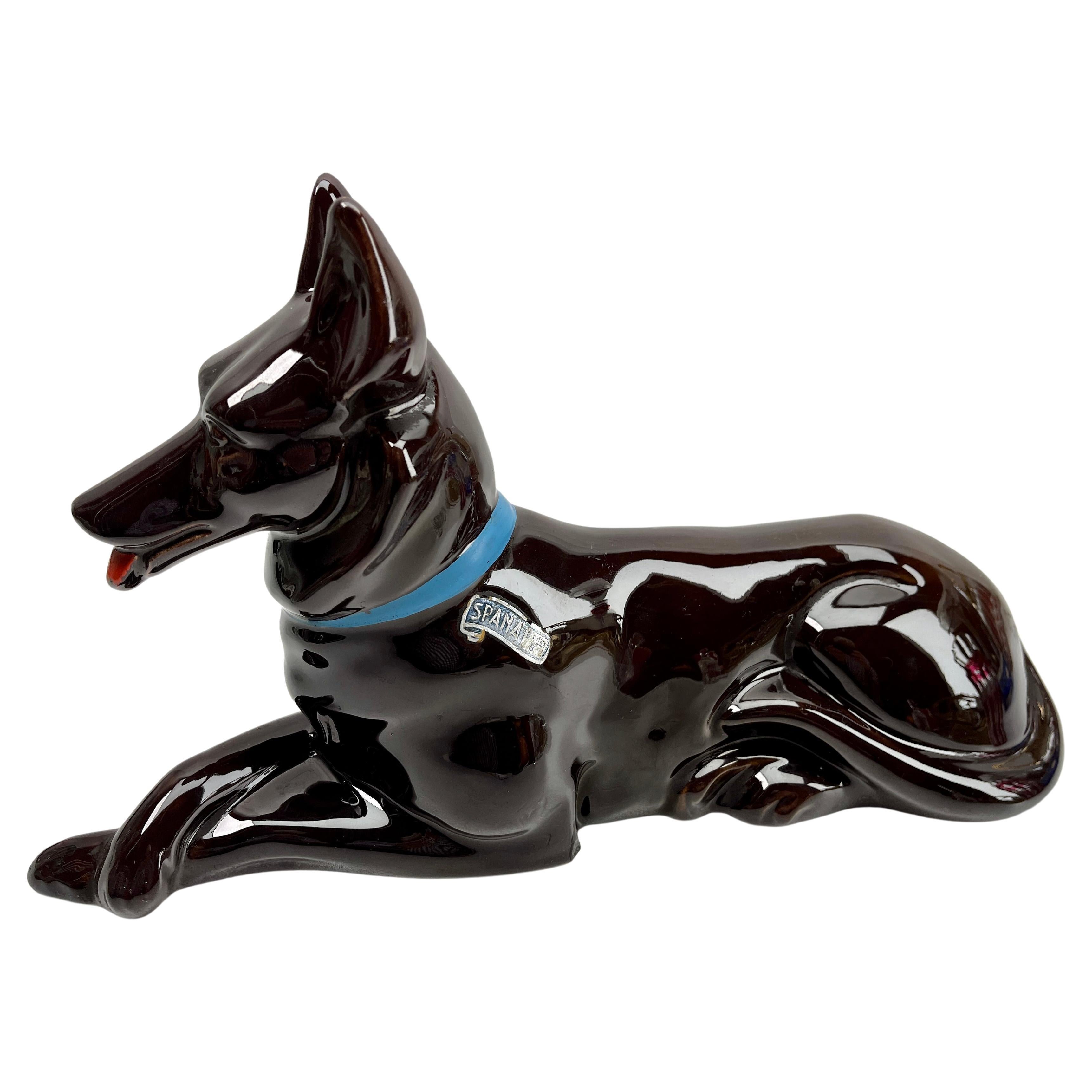 Stilvolle Vintage Porzellan Statue von Schäferhund mit Label Spana im Angebot