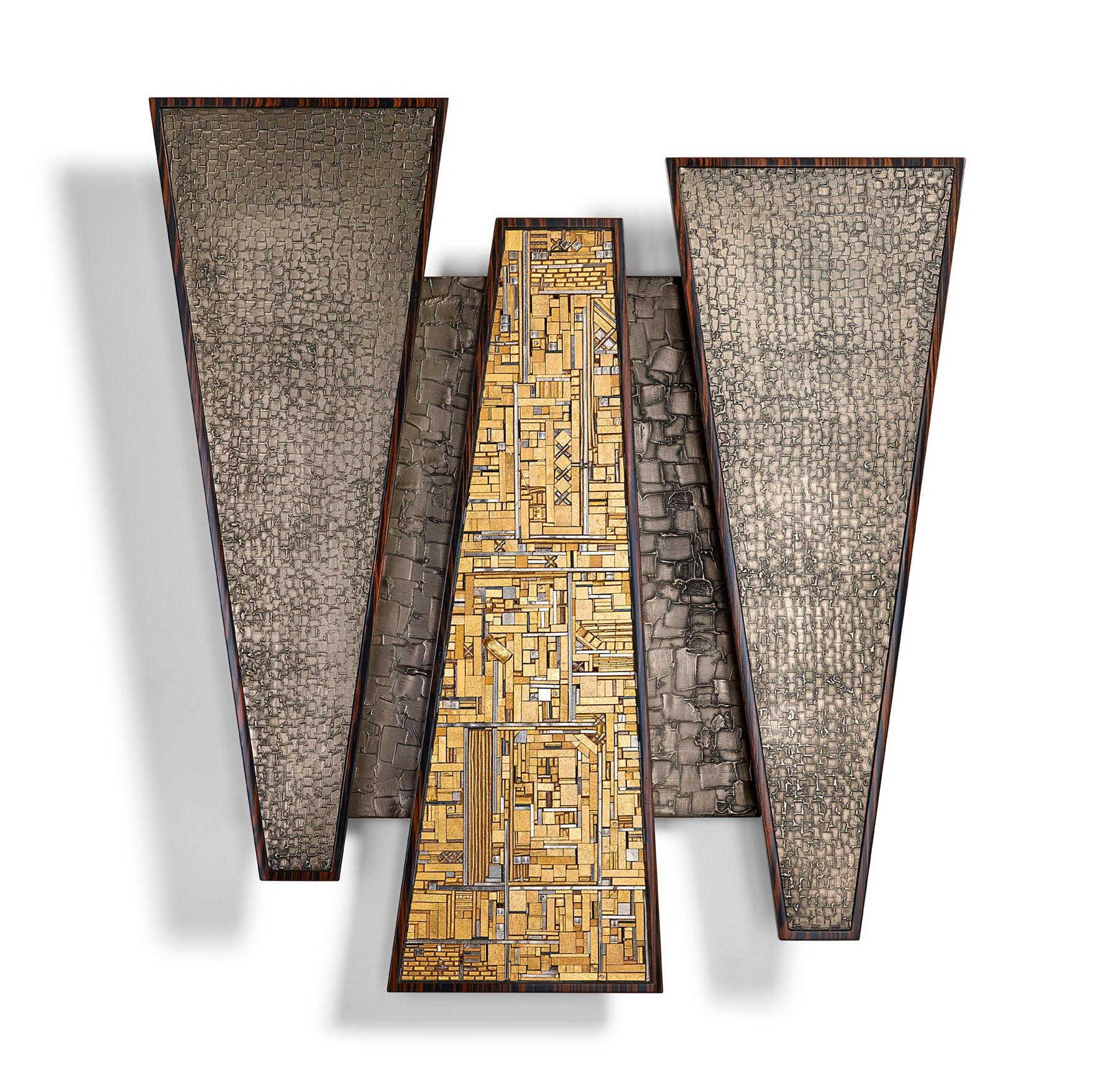 Moderno Elegante opera d'arte da parete Mosaico lucido o opaco in ebano Inserto in metallo liquido in vendita