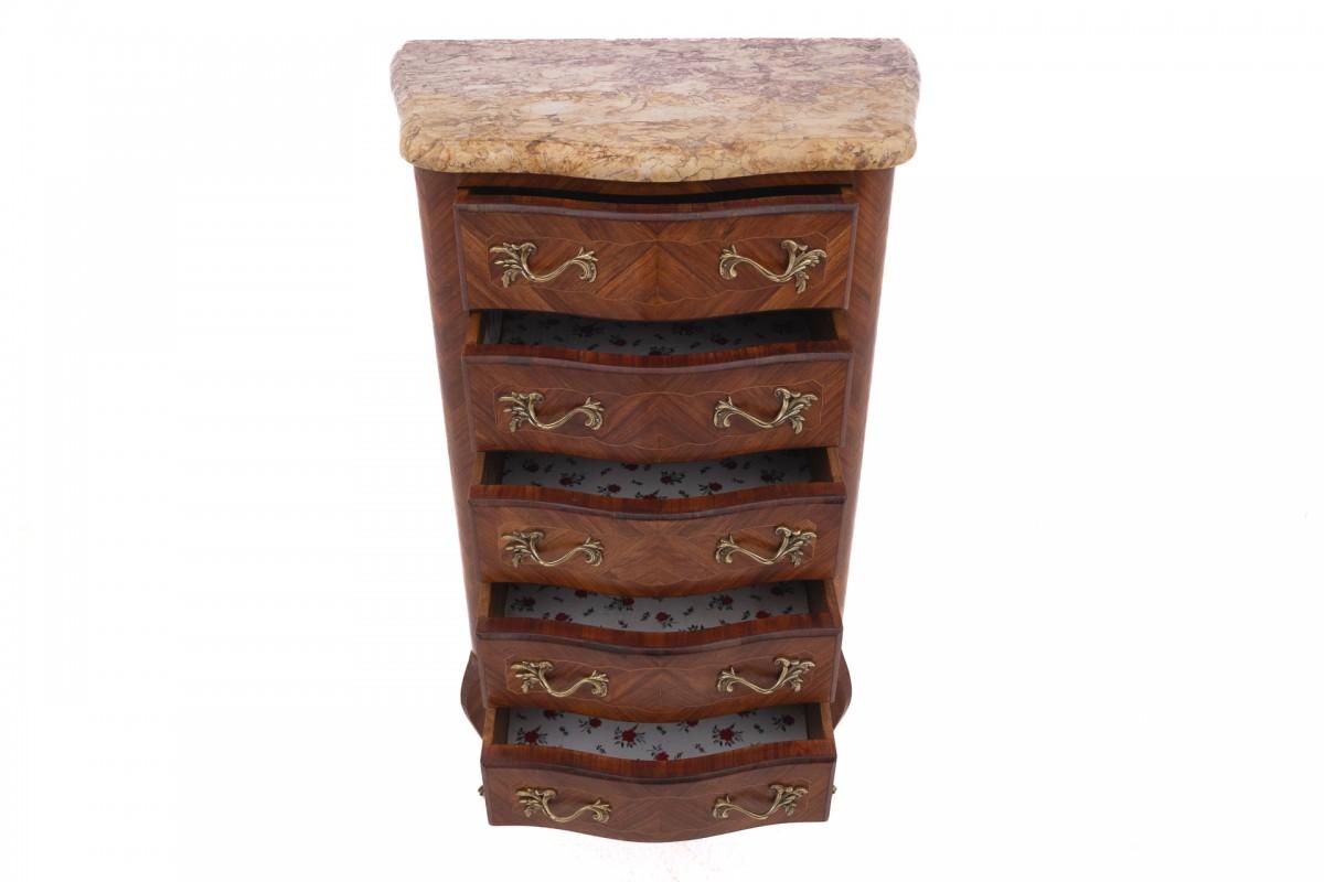 French Stylish walnut chiffonier with marble top. For Sale