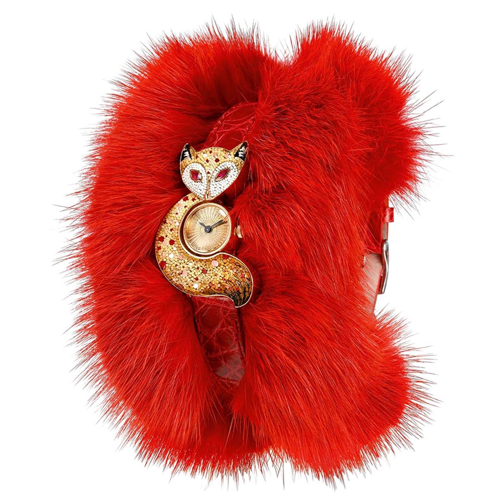 Stylish Watch Gold Ruby Alligator and Fur Strap Hand Decorated with Micro Mosaic For Sale