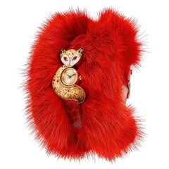 Stylish Watch Gold Ruby Alligator and Fur Strap Hand Decorated with Micro Mosaic