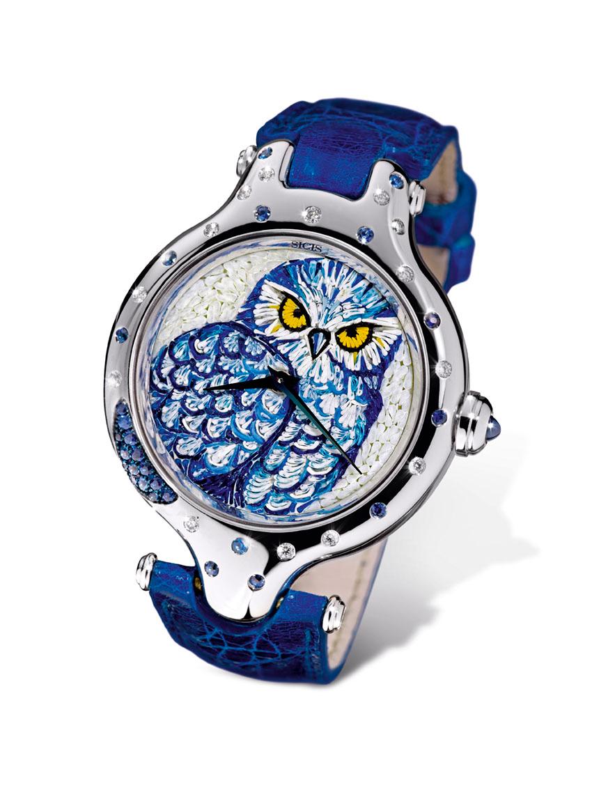 Elegante stilvolle Uhr in Gold mit weißen Diamanten und blauen Saphiren, Alligatorarmband mit Mikro-Mosaik (Brillantschliff) im Angebot