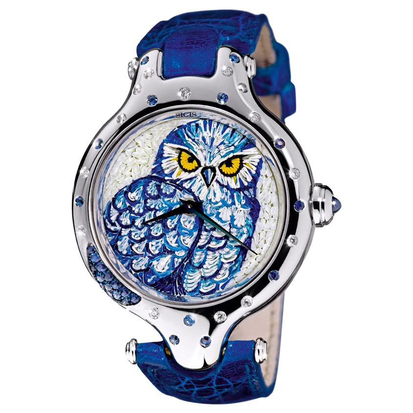 Stylish Watch Gold White Diamonds Blue Sapphires Alligator Strap Micro Mosaic