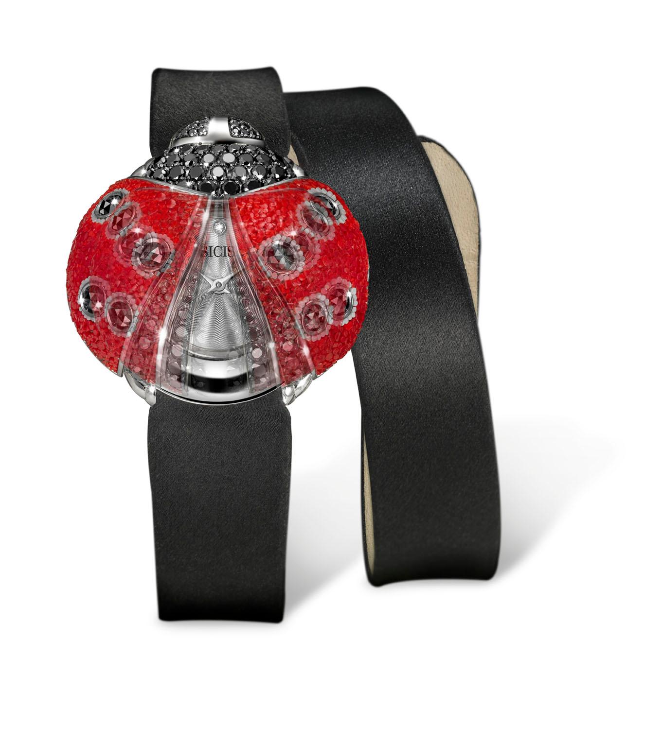 Modern Stylish Watch White Gold Black Diamonds Guilloche Dial Silk Strap Micro Mosaic For Sale