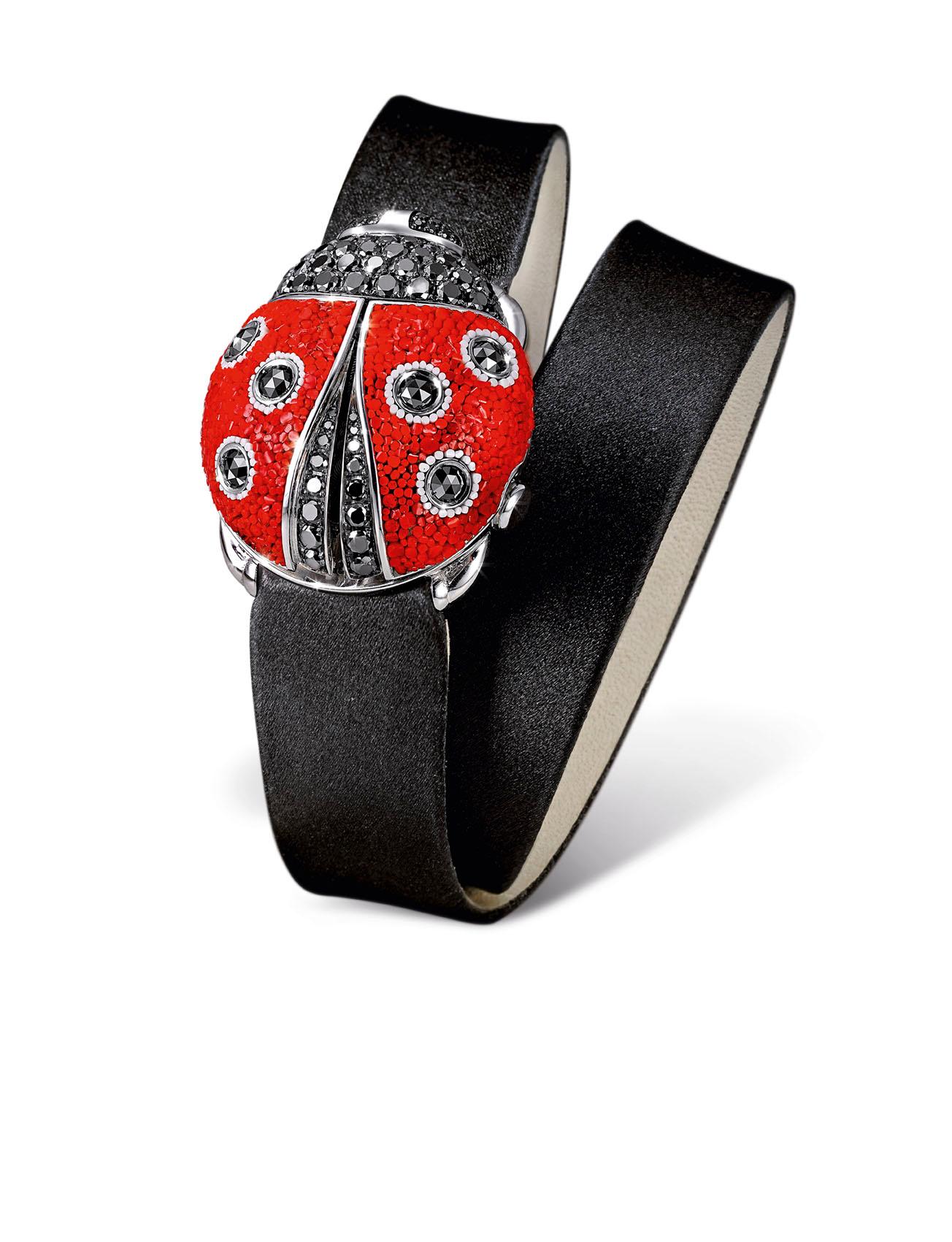 Brilliant Cut Stylish Watch White Gold Black Diamonds Guilloche Dial Silk Strap Micro Mosaic For Sale