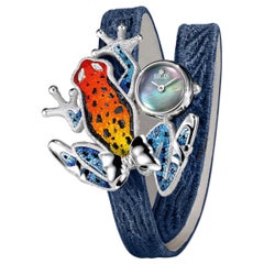 Orologio alla moda in oro bianco con diamante trapuntato e cinturino di jeans decorato con micromosaico