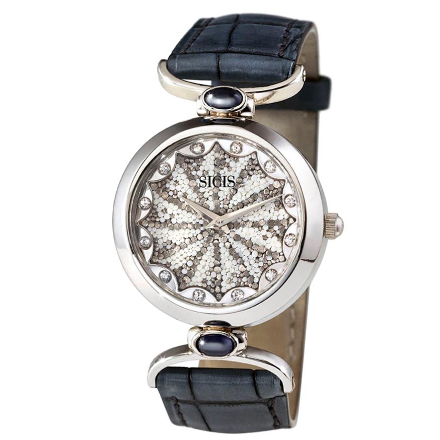 Stylish Watch White Gold White Diamond Sapphires Alligator Strap MicroMosaic