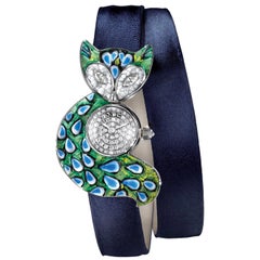 Stylish Watch White Gold White Diamond Satin Strap Hand Decorated Micro Mosaic