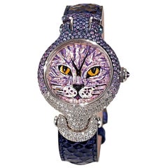 Stylish Watch White Gold White Diamonds Sapphires Python Strap Micro Mosaic