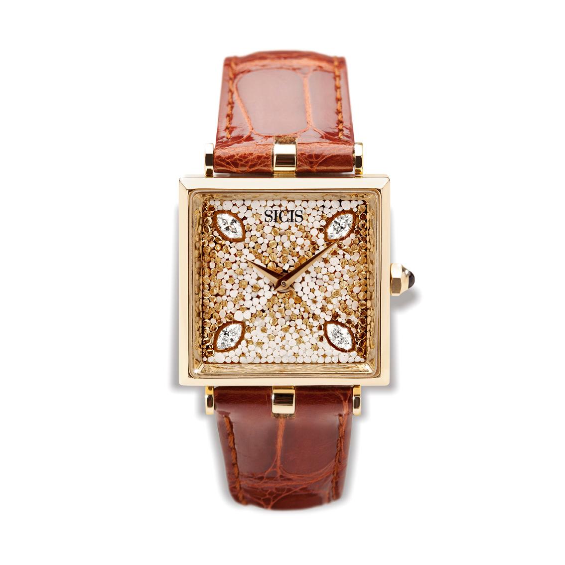 Die stilvolle Uhr in Gelbgold mit weißem Diamant-Alligatorarmband und Mikro-Mosaik-Dekor (Moderne) im Angebot