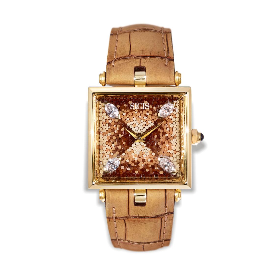 Die stilvolle Uhr in Gelbgold mit weißem Diamant-Alligatorarmband und Mikro-Mosaik-Dekor (Marquiseschliff) im Angebot
