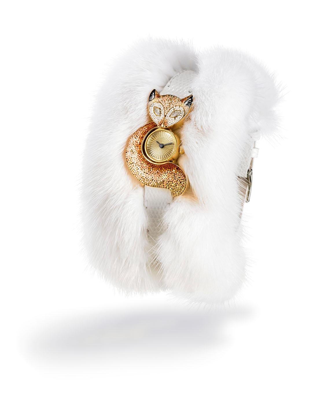 Stilvolle Uhr aus Gelbgold mit weißem Diamanten, Python- und Pelzarmband und Mikromosaik-Dekor (Moderne) im Angebot