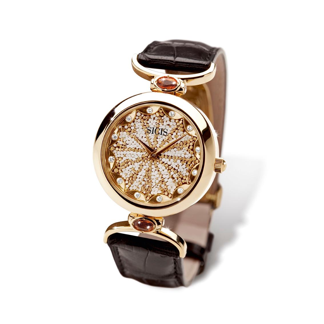 Elegante stilvolle Uhr, Gelbgold, weißer Diamant, Quarz, Alligatorarmband, Mikro-Mosaik (Moderne) im Angebot