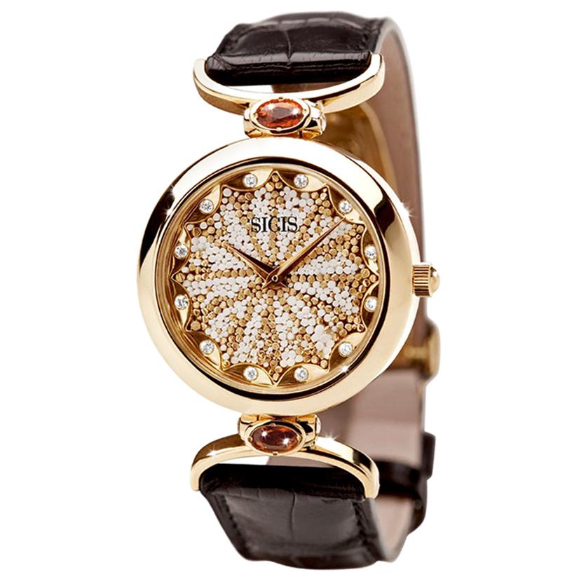 Elegante stilvolle Uhr, Gelbgold, weißer Diamant, Quarz, Alligatorarmband, Mikro-Mosaik im Angebot