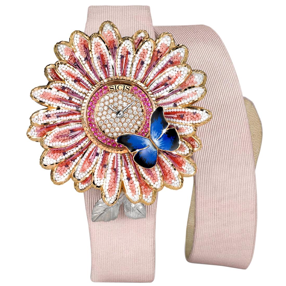 Stylish Watch Yellow Gold White Diamonds Sapphires Enamel Decorated Micro Mosaic For Sale