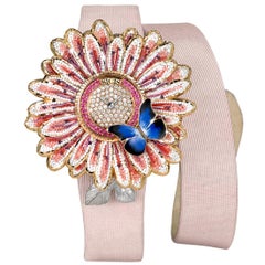 Stylish Watch Yellow Gold White Diamonds Sapphires Enamel Decorated Micro Mosaic