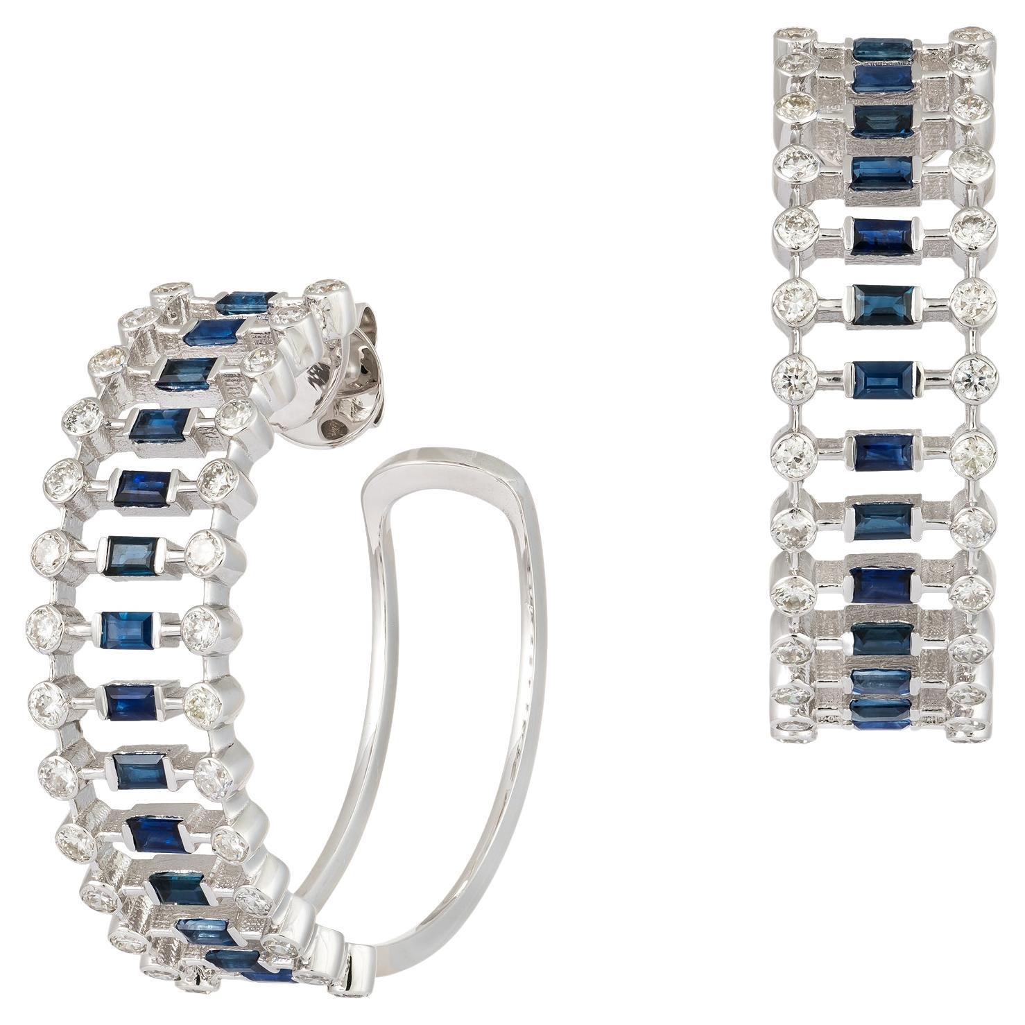 Stylish White Gold 18K Earrings Blue Sapphire Diamond for Her