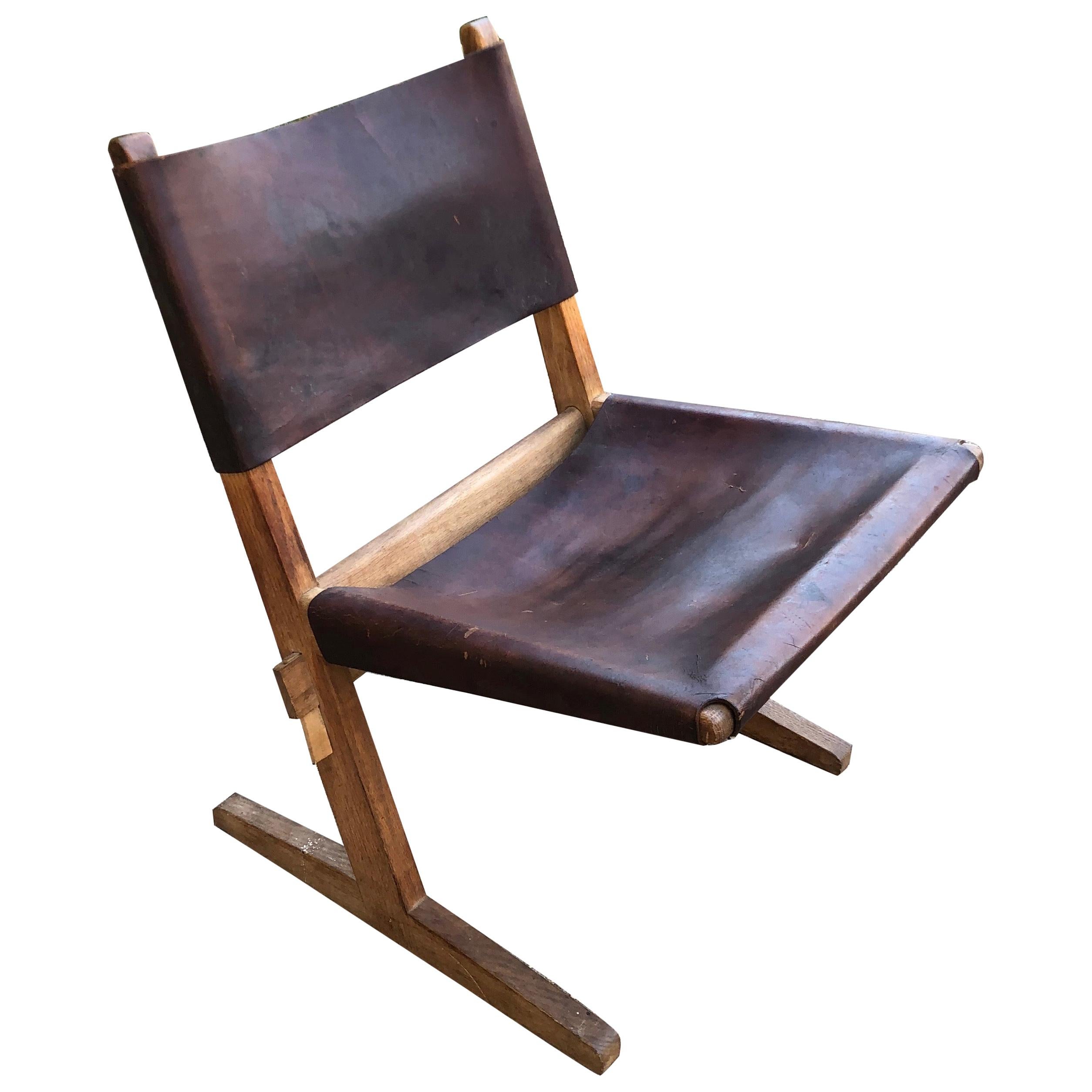 Stylish Wood and Leather Cantilevered Chair For Sale