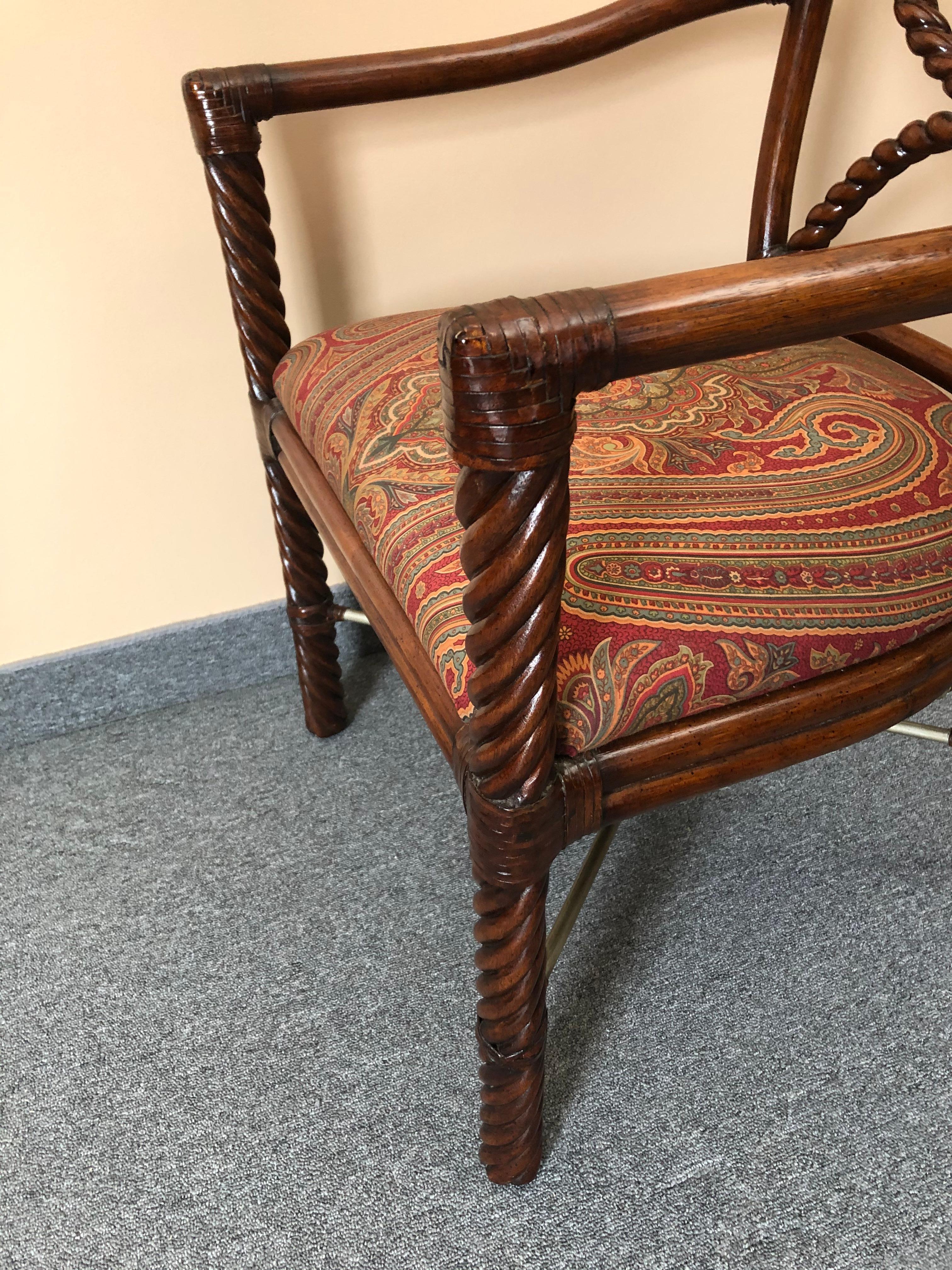 Stylish Wood and Rattan Armchair with Paisley Upholstery 6
