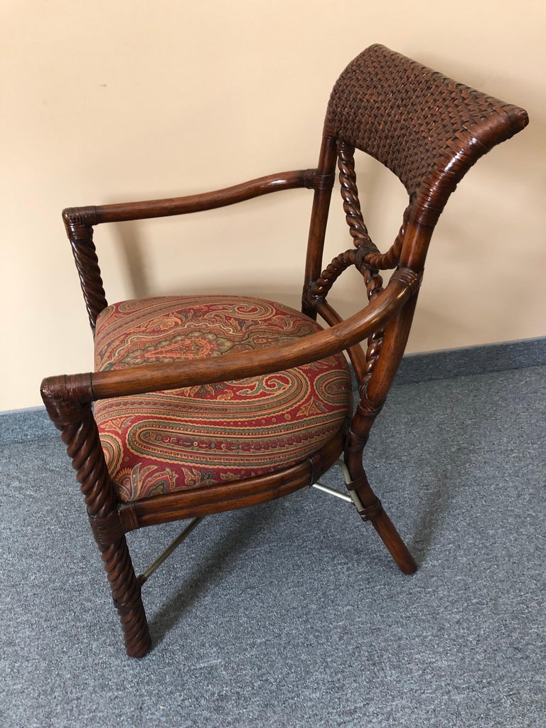 Stylish Wood and Rattan Armchair with Paisley Upholstery at 1stDibs
