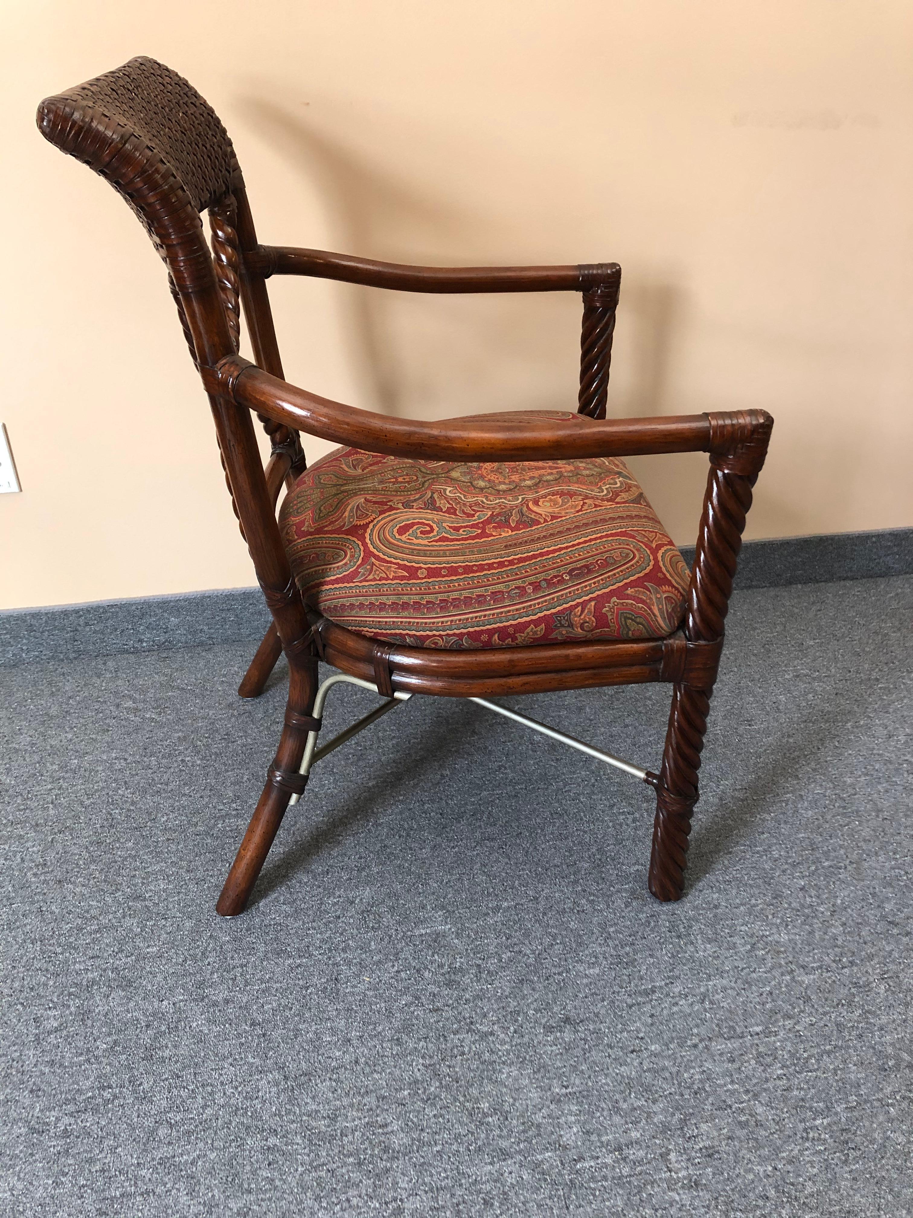 Stylish Wood and Rattan Armchair with Paisley Upholstery In Excellent Condition In Hopewell, NJ