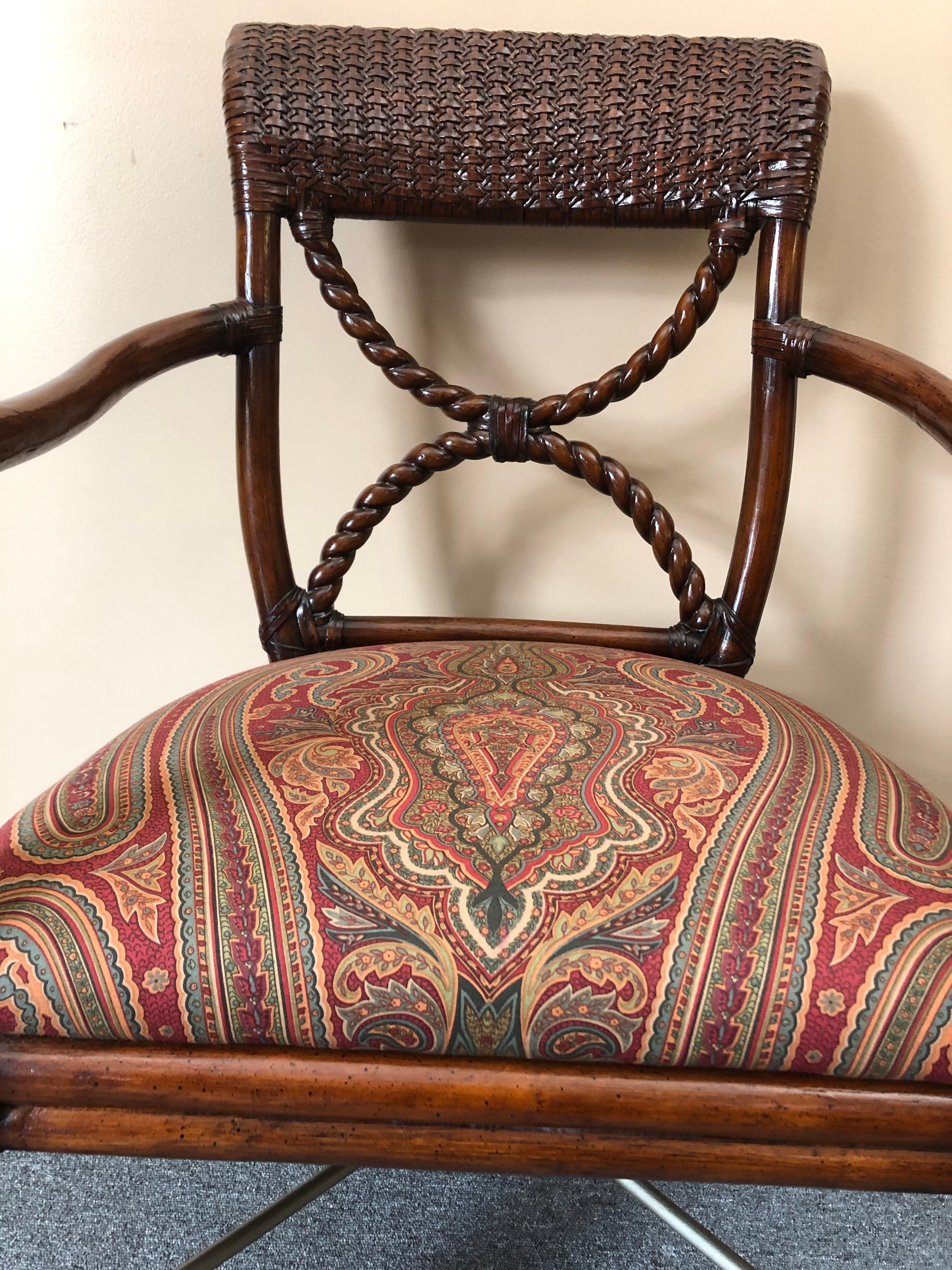 Late 20th Century Stylish Wood and Rattan Armchair with Paisley Upholstery