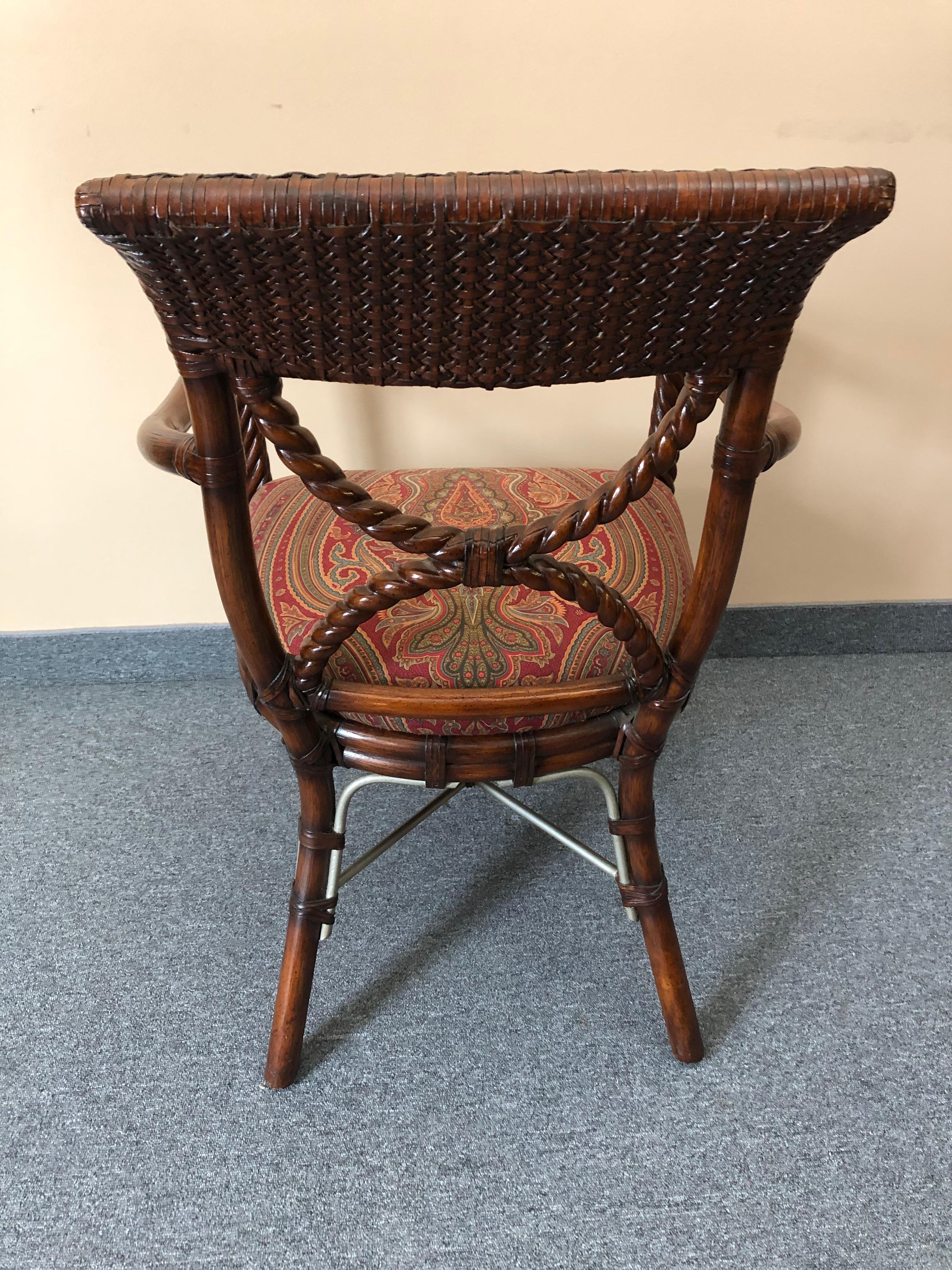 Stylish Wood and Rattan Armchair with Paisley Upholstery 2
