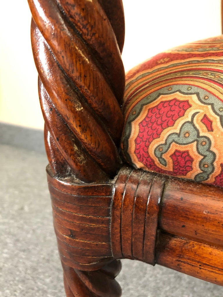 Stylish Wood and Rattan Armchair with Paisley Upholstery at 1stDibs