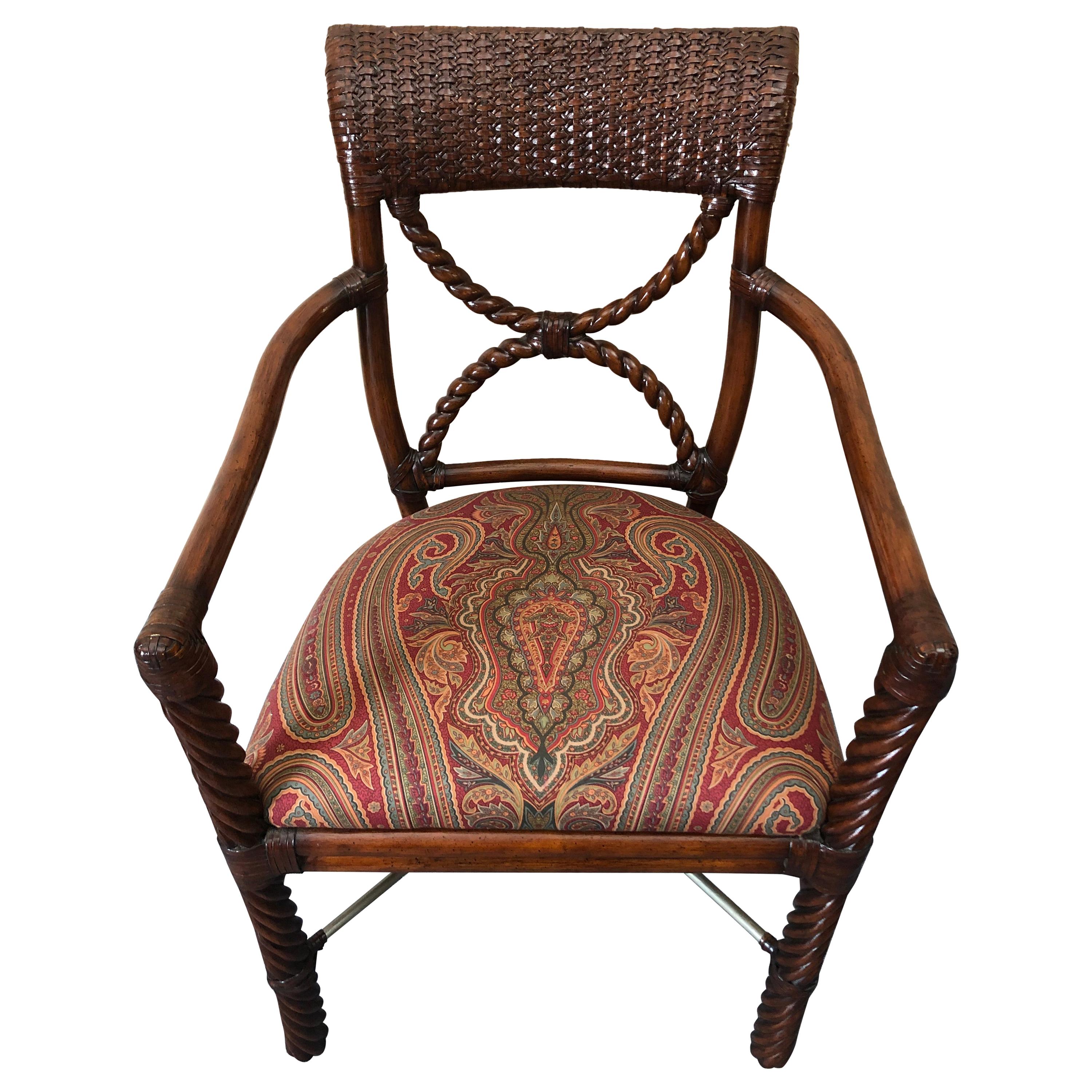 Stylish Wood and Rattan Armchair with Paisley Upholstery