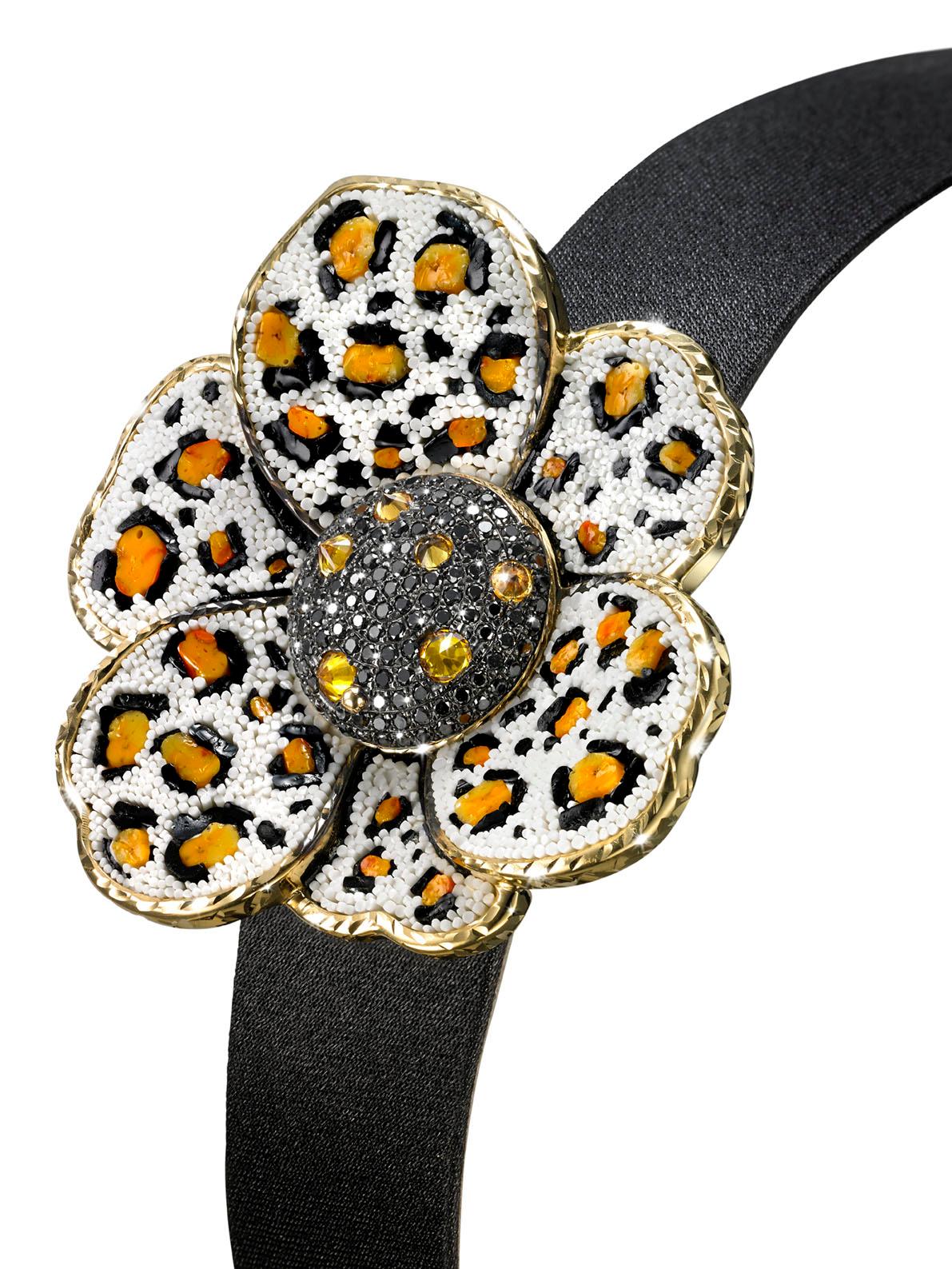 Brilliant Cut Stylish Wristwatch Gold White & Black Diamonds Sapphires Satin Strap NanoMosaic  For Sale