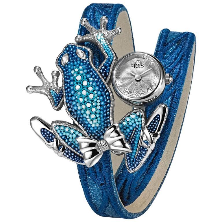 Stilvolle Armbanduhr in Silber mit weißen Diamanten Guilloche Zifferblatt mit Mikromosaik verziertem Zifferblatt (Marquiseschliff) im Angebot